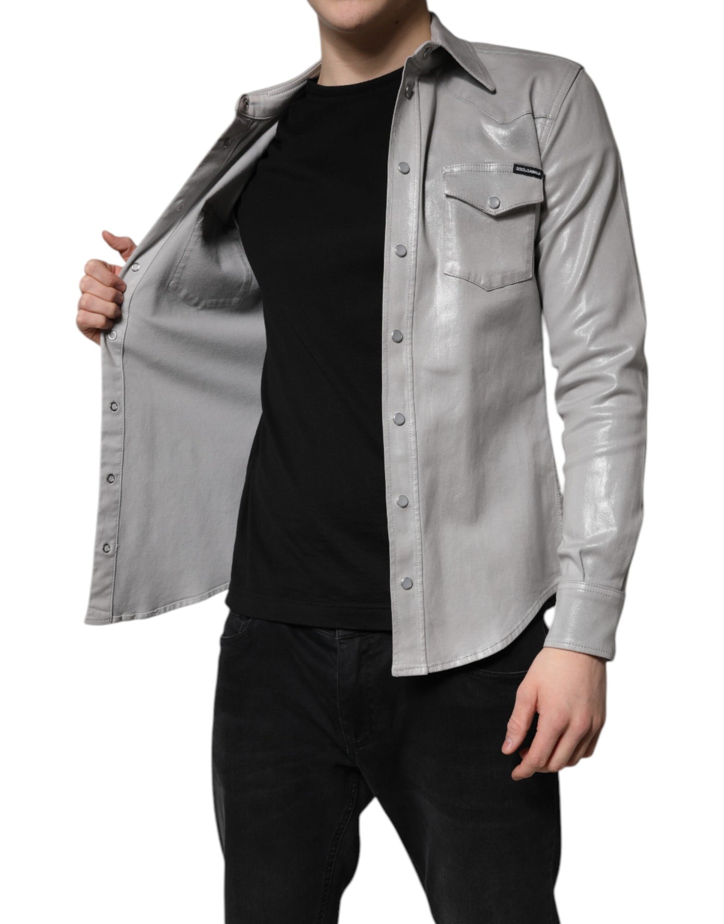 Chemise boutonnée en coton gris métallisé