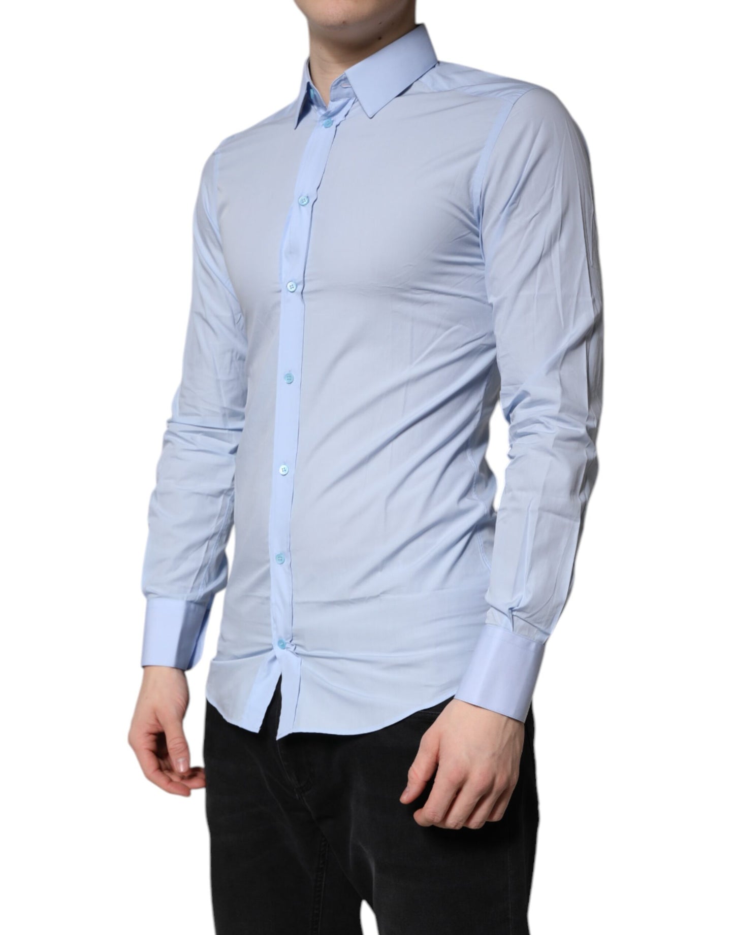 Camisa formal de vestir de algodón azul claro dorado