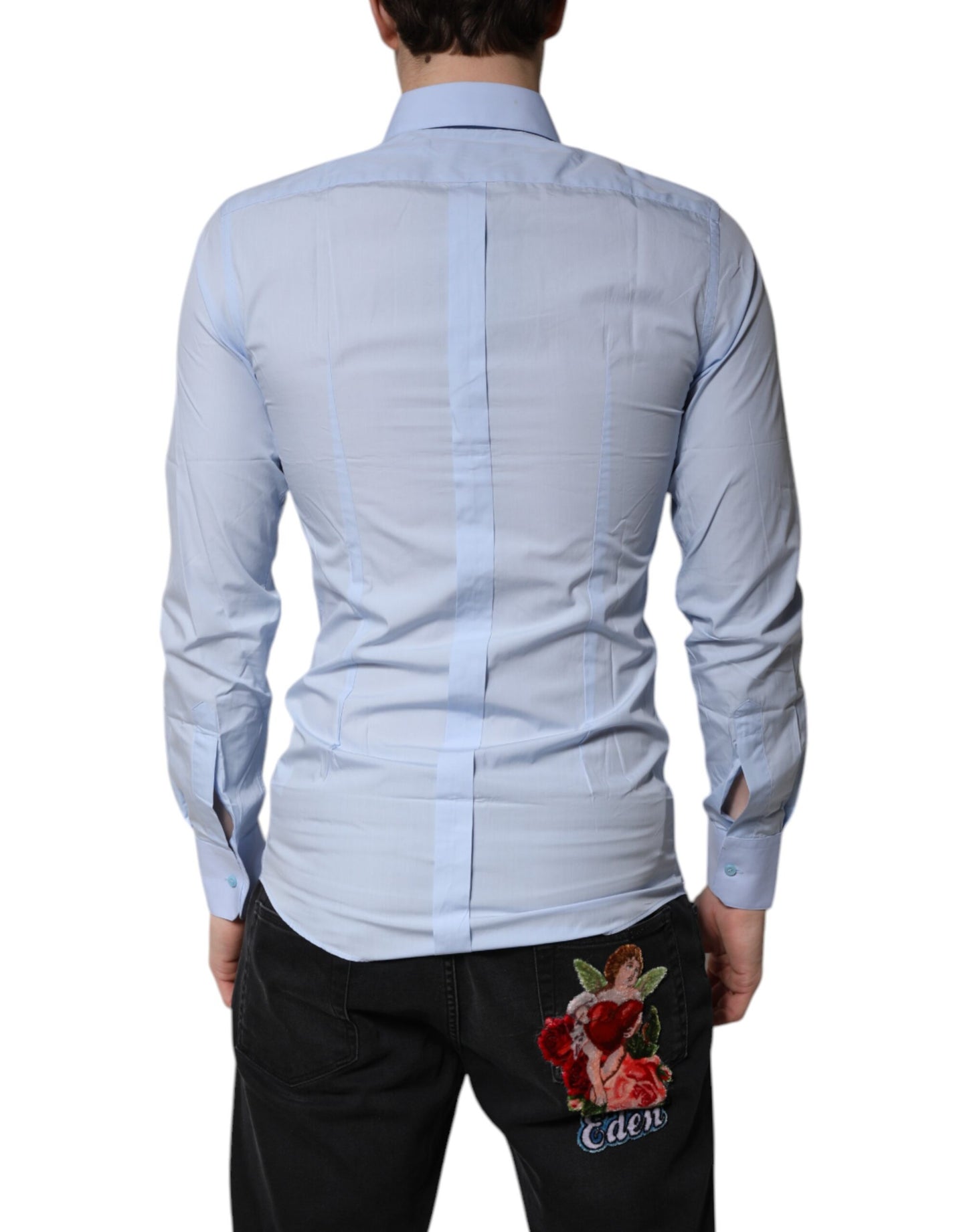 Camisa formal de vestir de algodón azul claro dorado