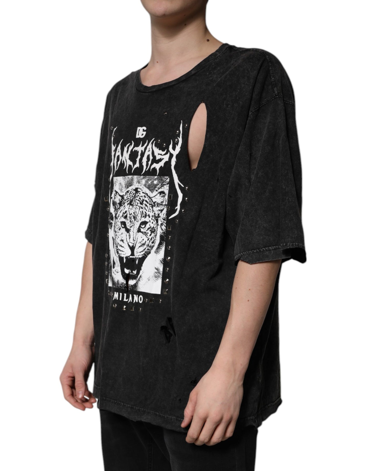 T-shirt col rond en coton noir à imprimé graphique