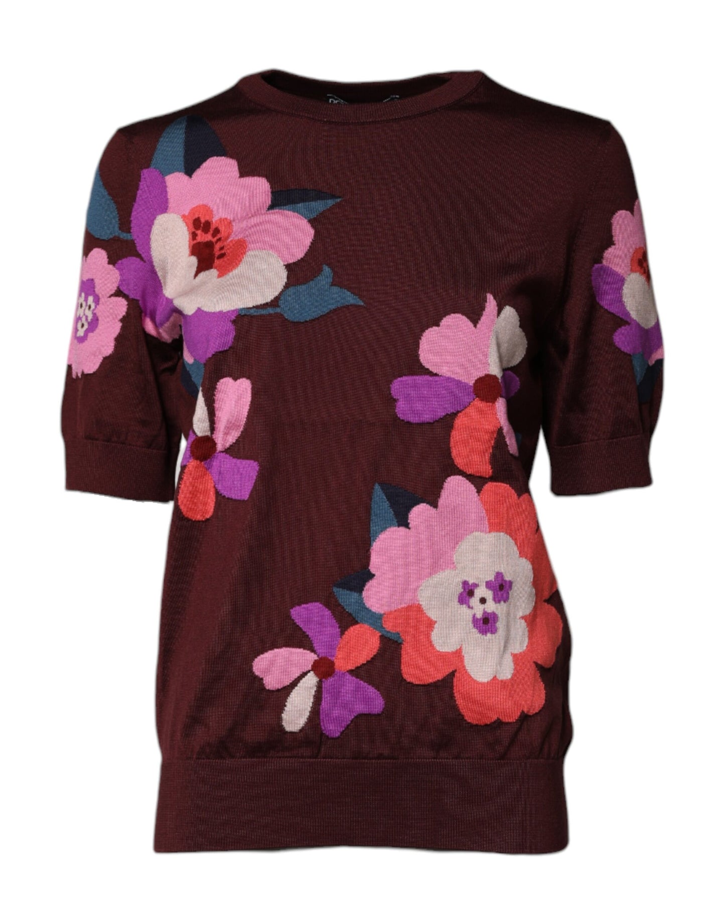 Blusa de seda con cuello redondo y estampado floral color granate