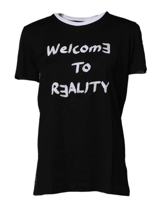 T-shirt noir en coton à col rond imprimé