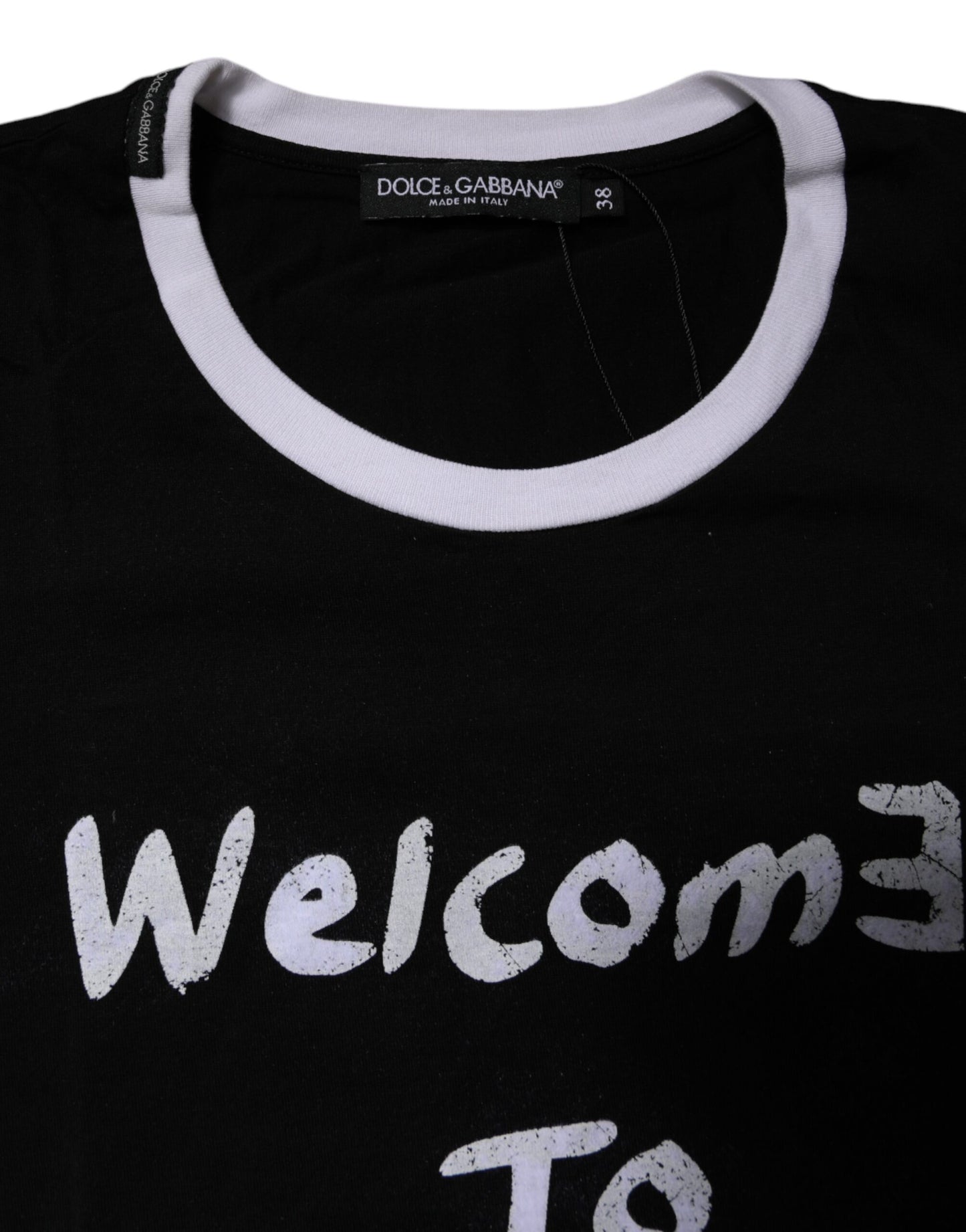 Camiseta de algodón con cuello redondo y estampado negro