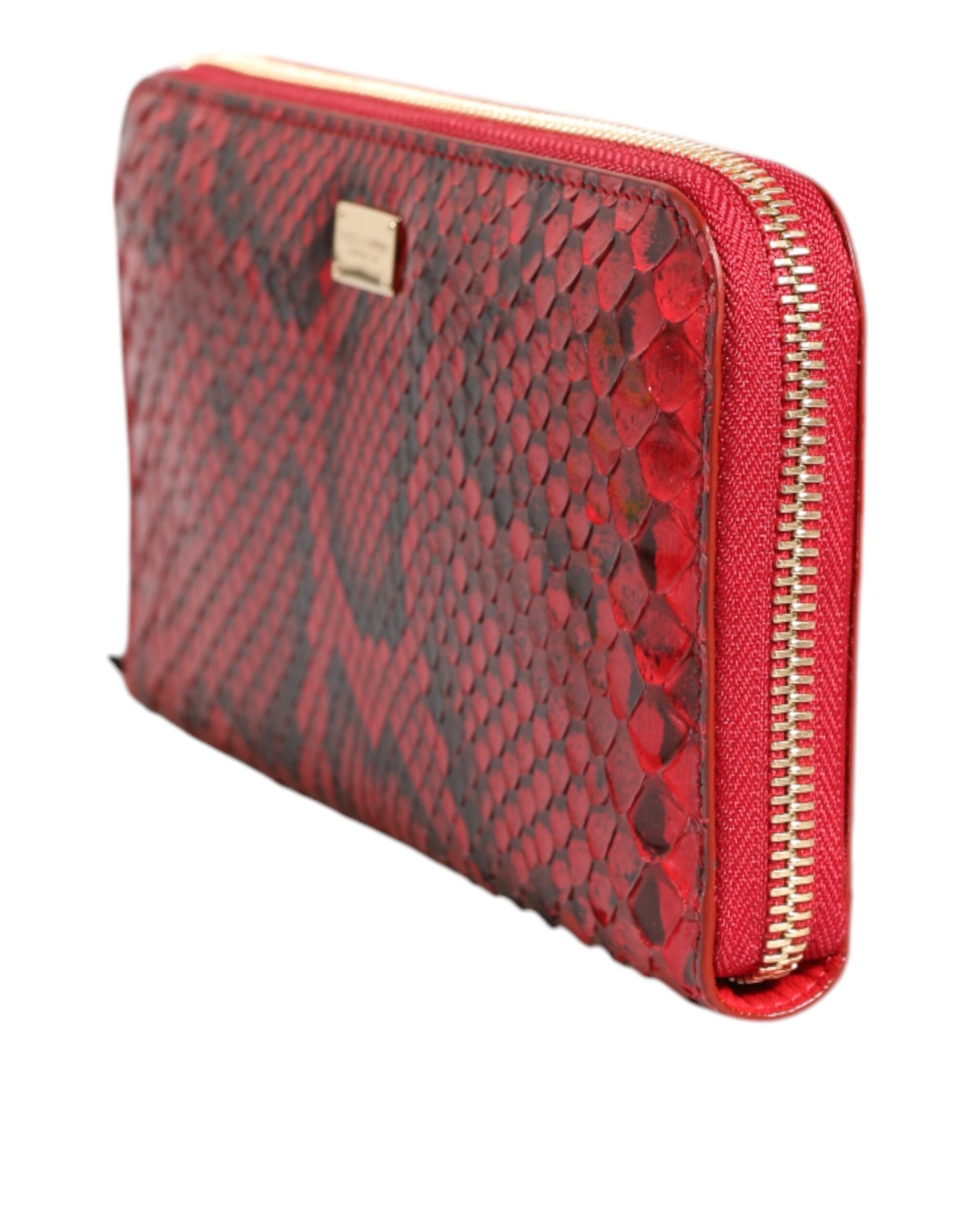 Cartera de mano continental con cremallera en cuero exótico rojo