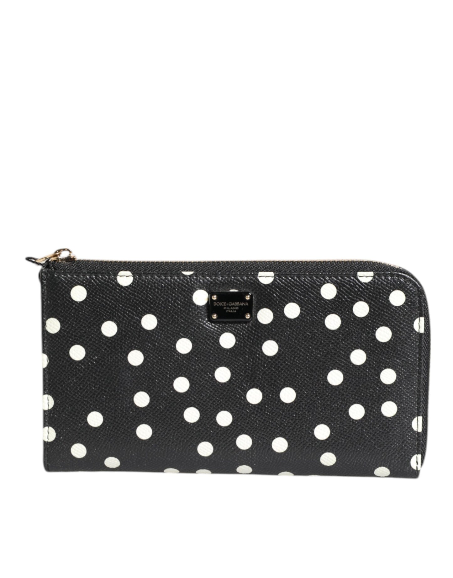 Cartera continental de cuero con cremallera y lunares blancos y negros