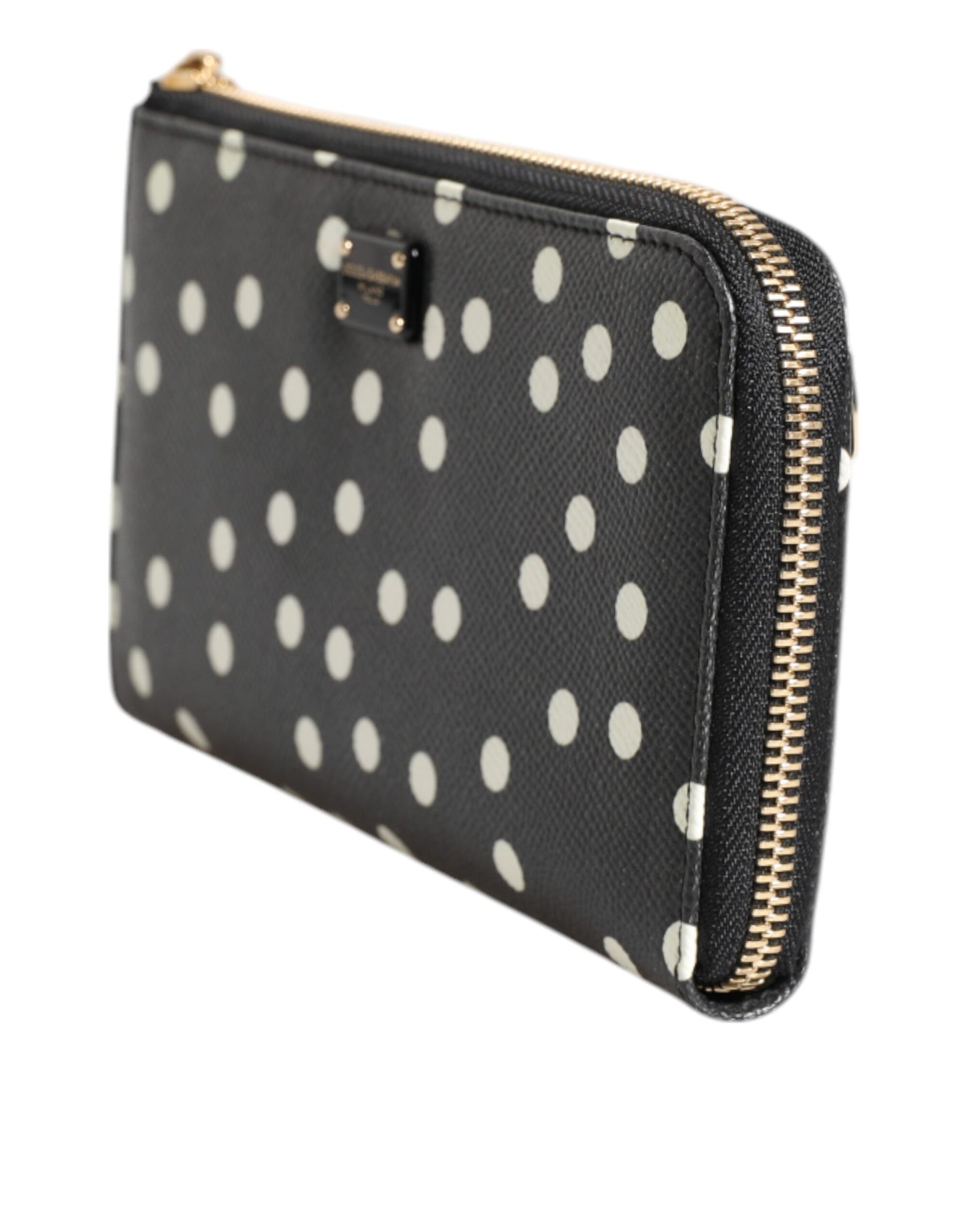 Cartera continental de cuero con cremallera y lunares blancos y negros