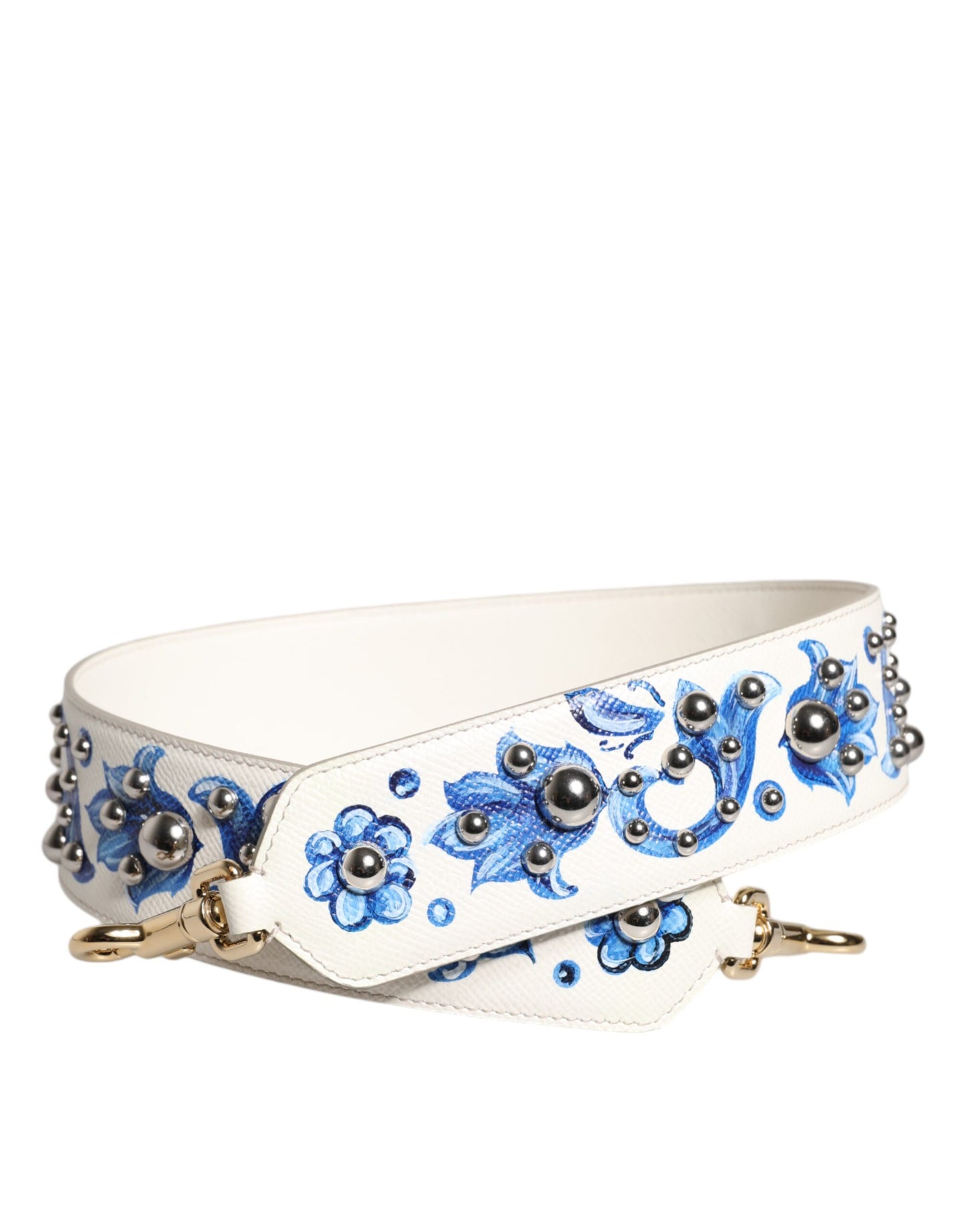 Correa de hombro de cuero con tachuelas y diseño floral blanco y azul