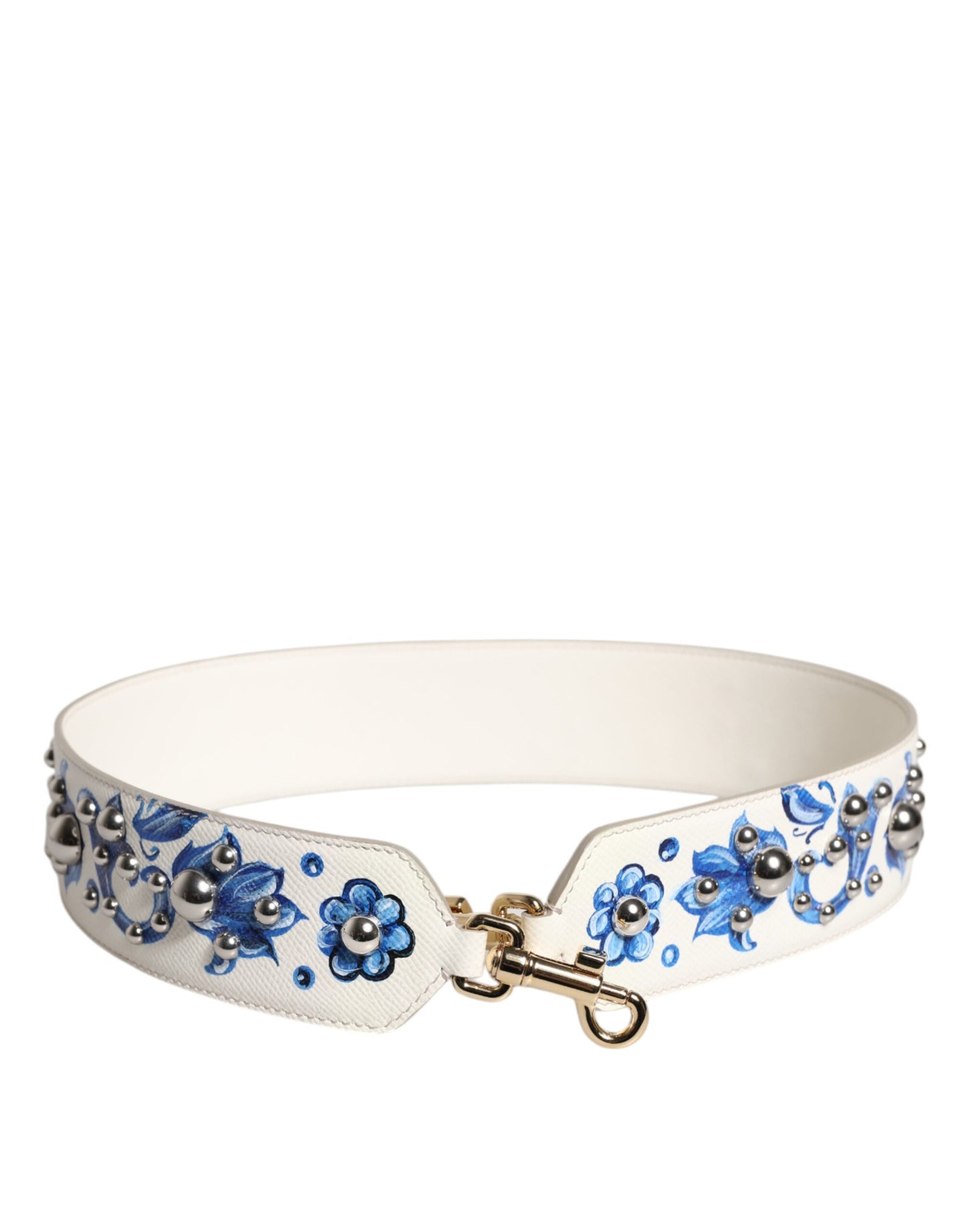 Correa de hombro de cuero con tachuelas y diseño floral blanco y azul