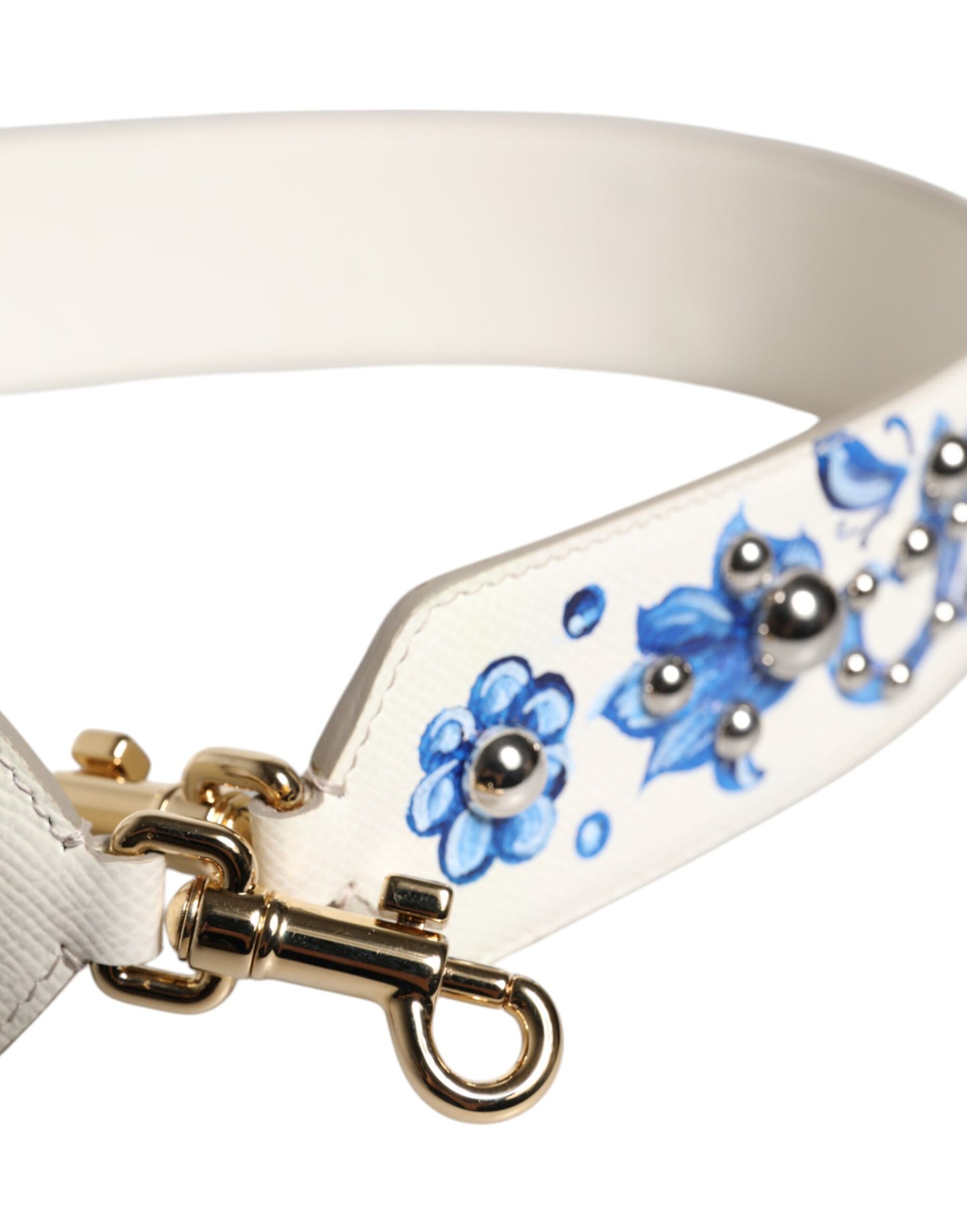 Correa de hombro de cuero con tachuelas y diseño floral blanco y azul