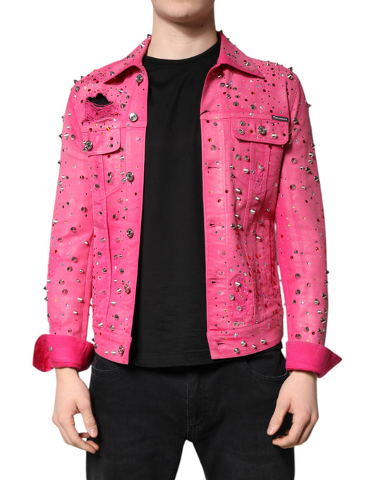 Pink Crystal Embellished Cotton Denim Jacket