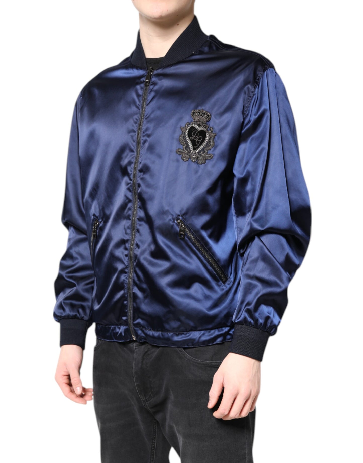 Chaqueta bomber de nailon azul con cremallera completa DG Crown