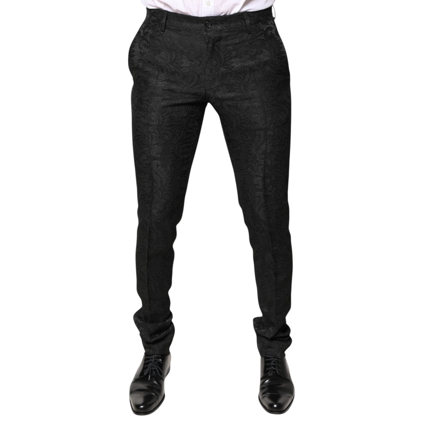 Pantalones de vestir de cintura media con estampado floral negro de jacquard