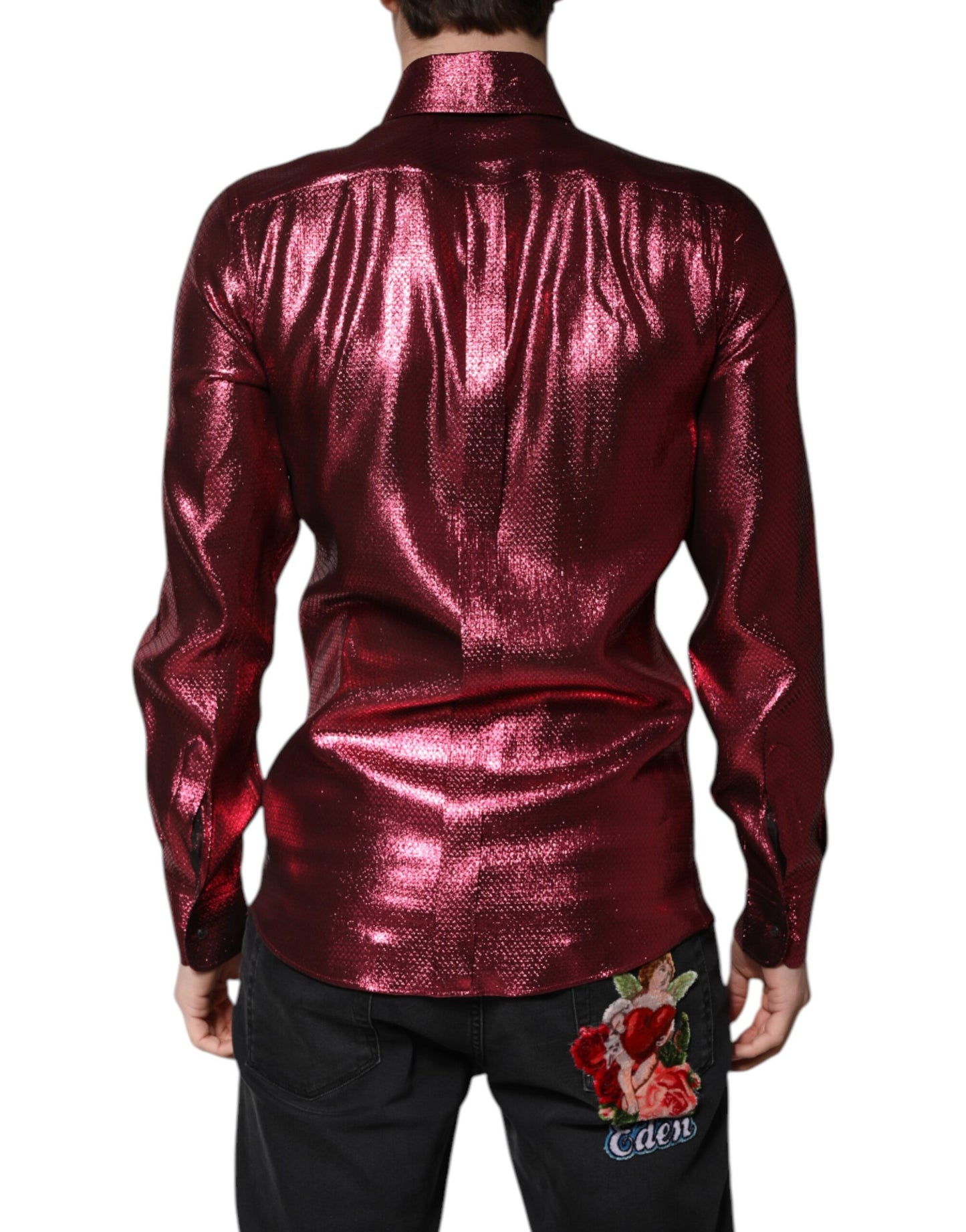 Camisa formal de vestir de algodón rojo metalizado dorado