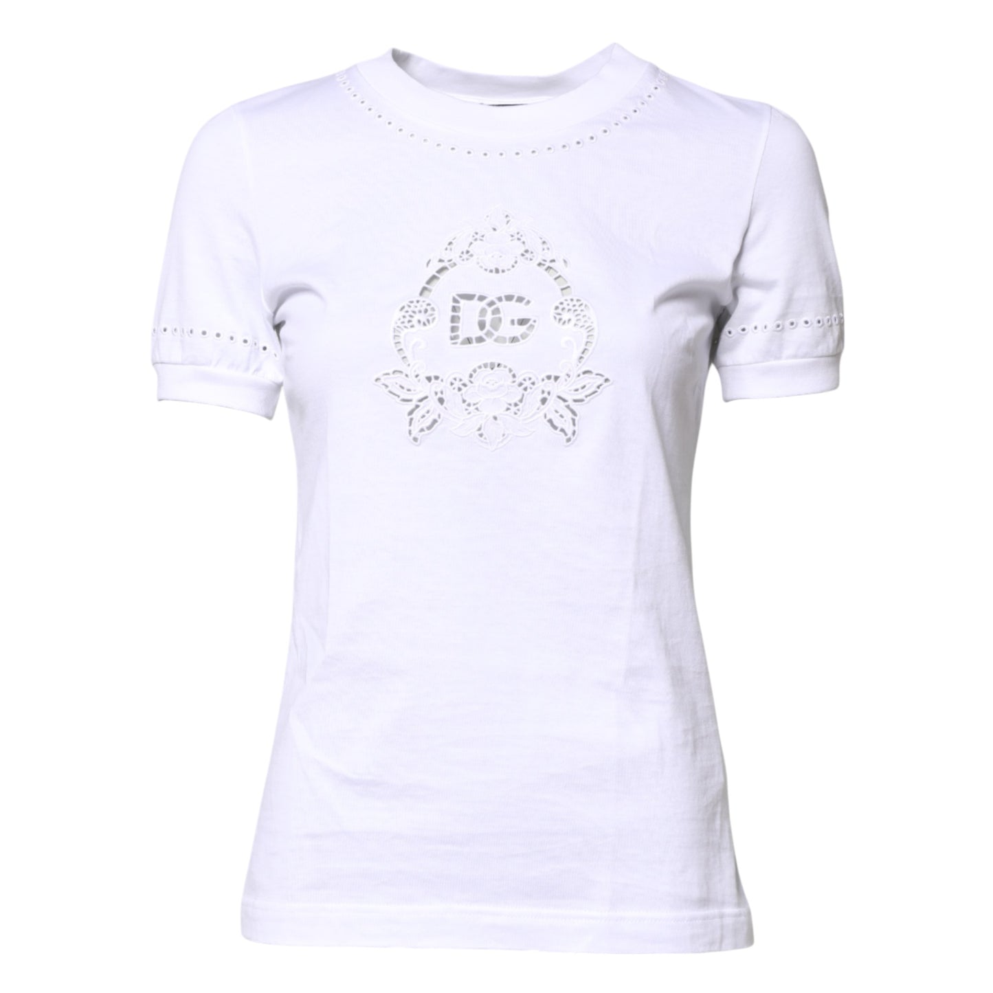 Camiseta de algodón blanca con cuello redondo y logotipo floral