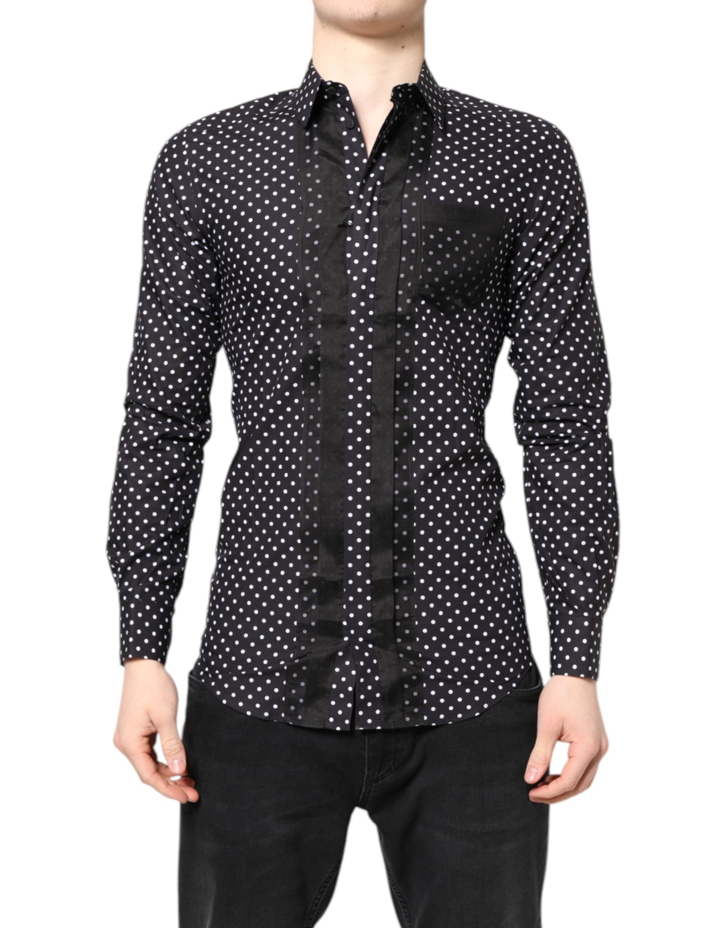 Camisa formal dorada de manga larga con lunares negros