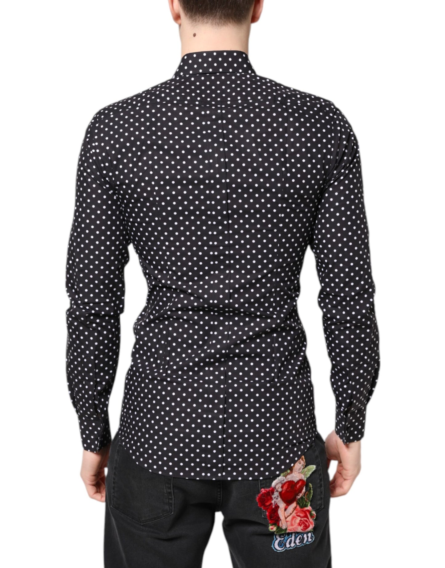 Camisa formal dorada de manga larga con lunares negros