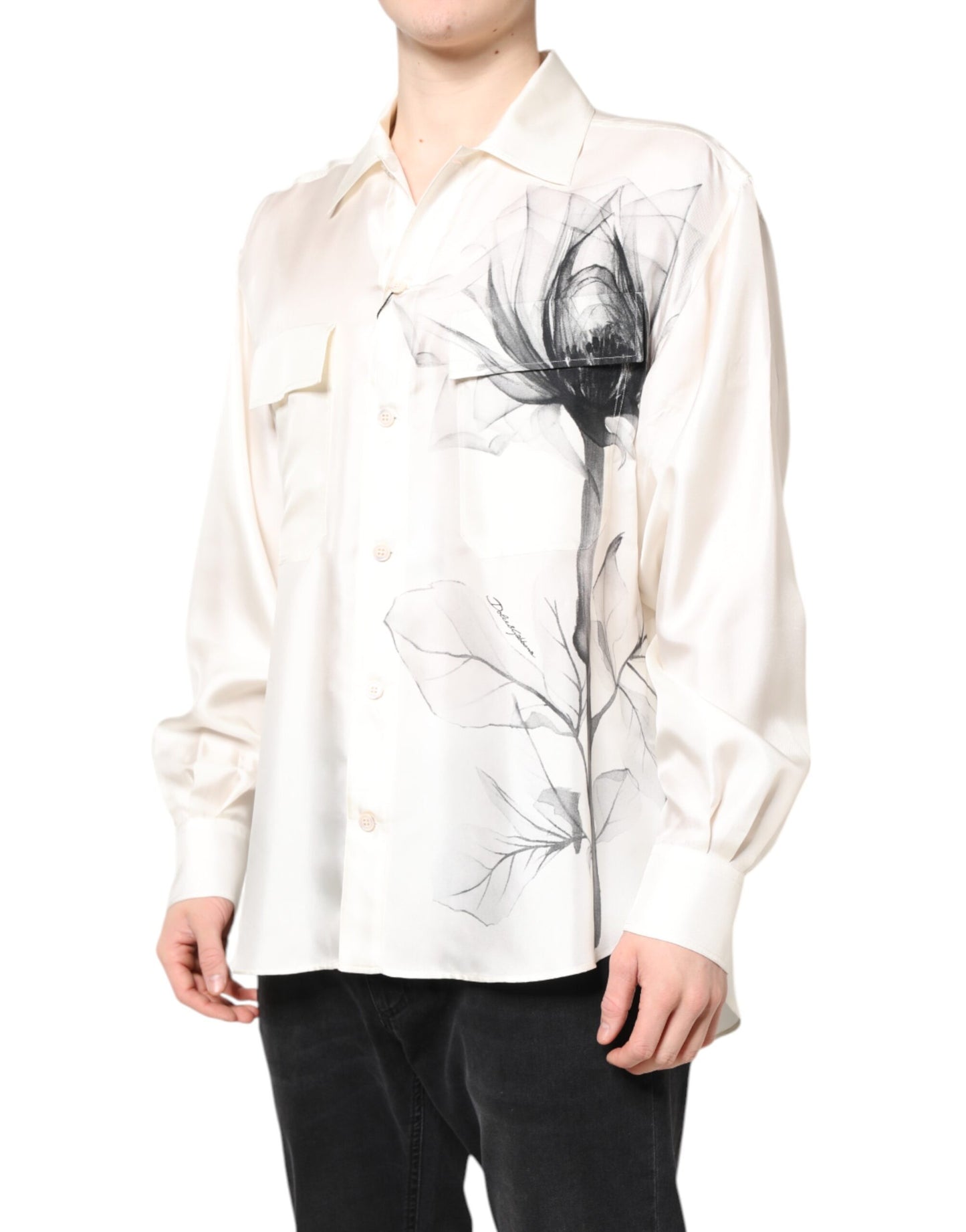Camisa informal de manga larga de seda color marfil para hombre