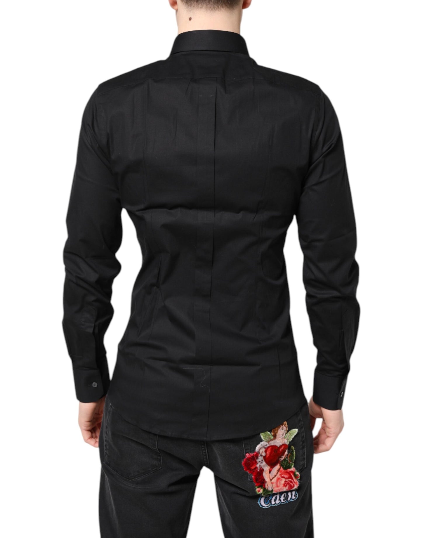 Camisa de vestir de manga larga de algodón negro dorado
