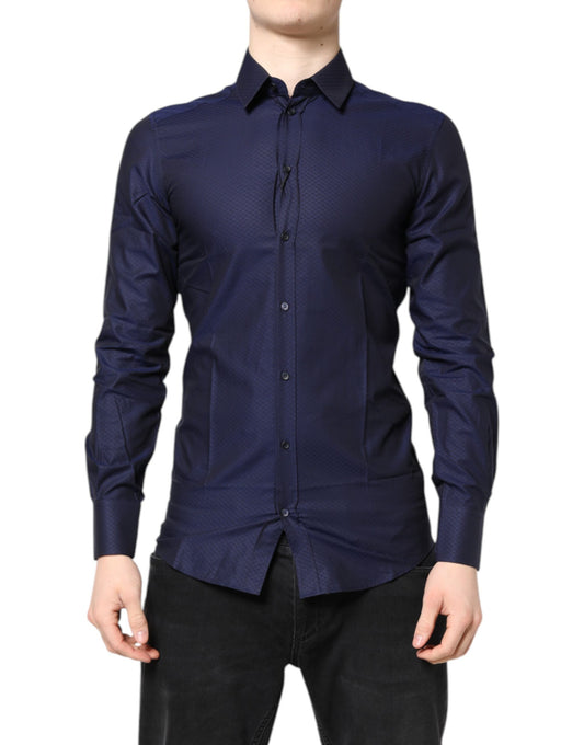 Camisa de vestir de manga larga de algodón azul dorado para hombre