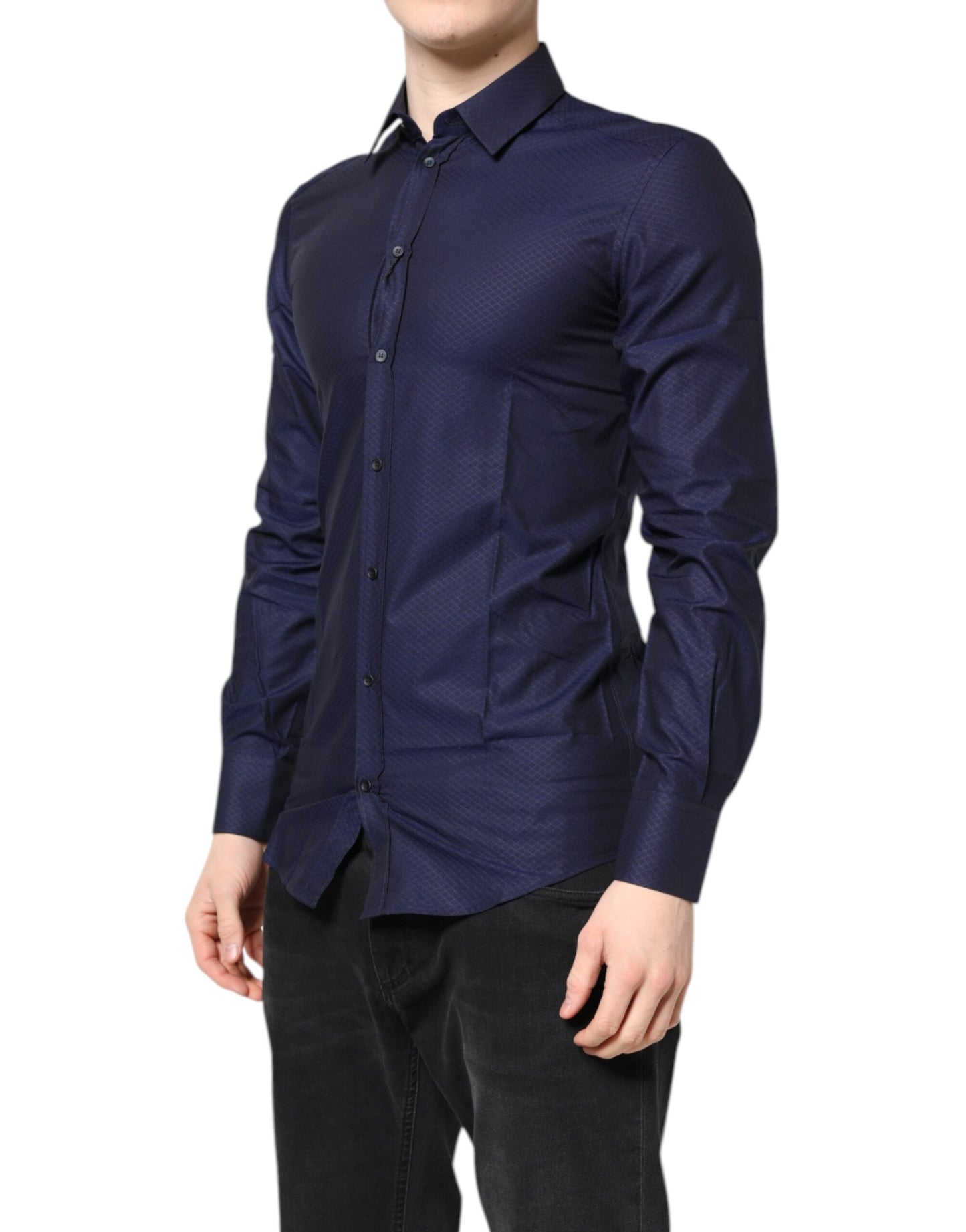 Camisa de vestir de manga larga de algodón azul dorado para hombre