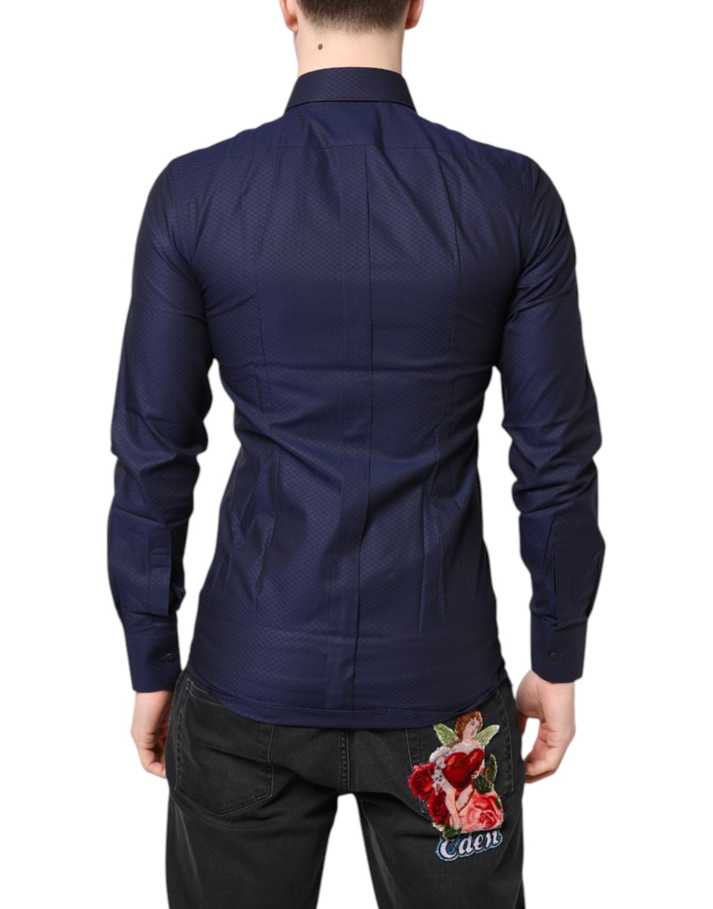 Camisa de vestir de manga larga de algodón azul dorado para hombre