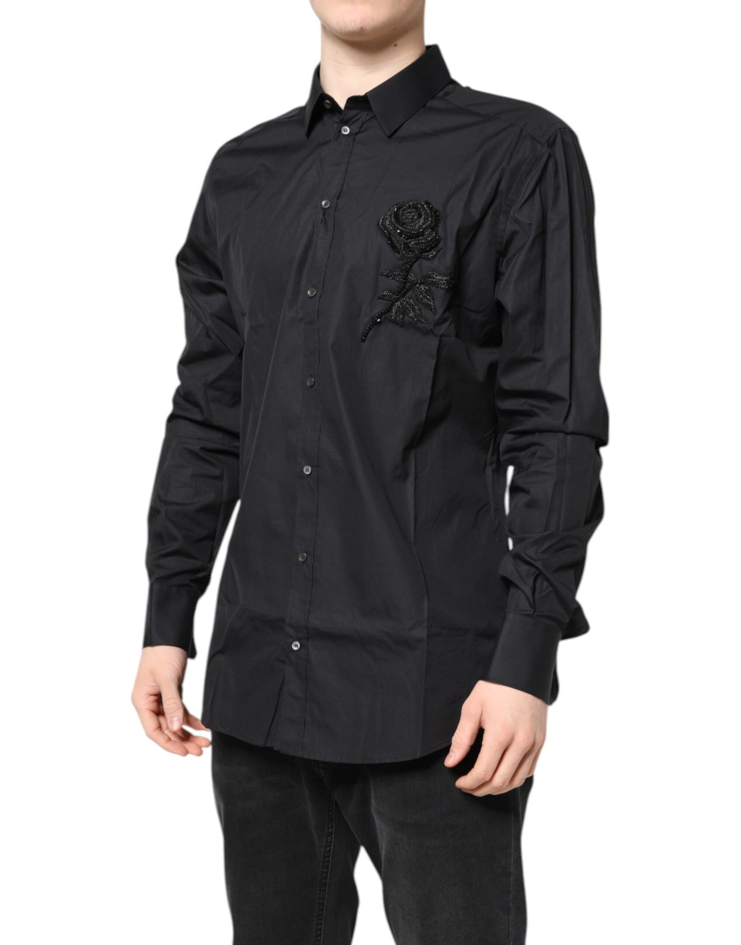 Camisa formal de algodón con estampado floral dorado y negro