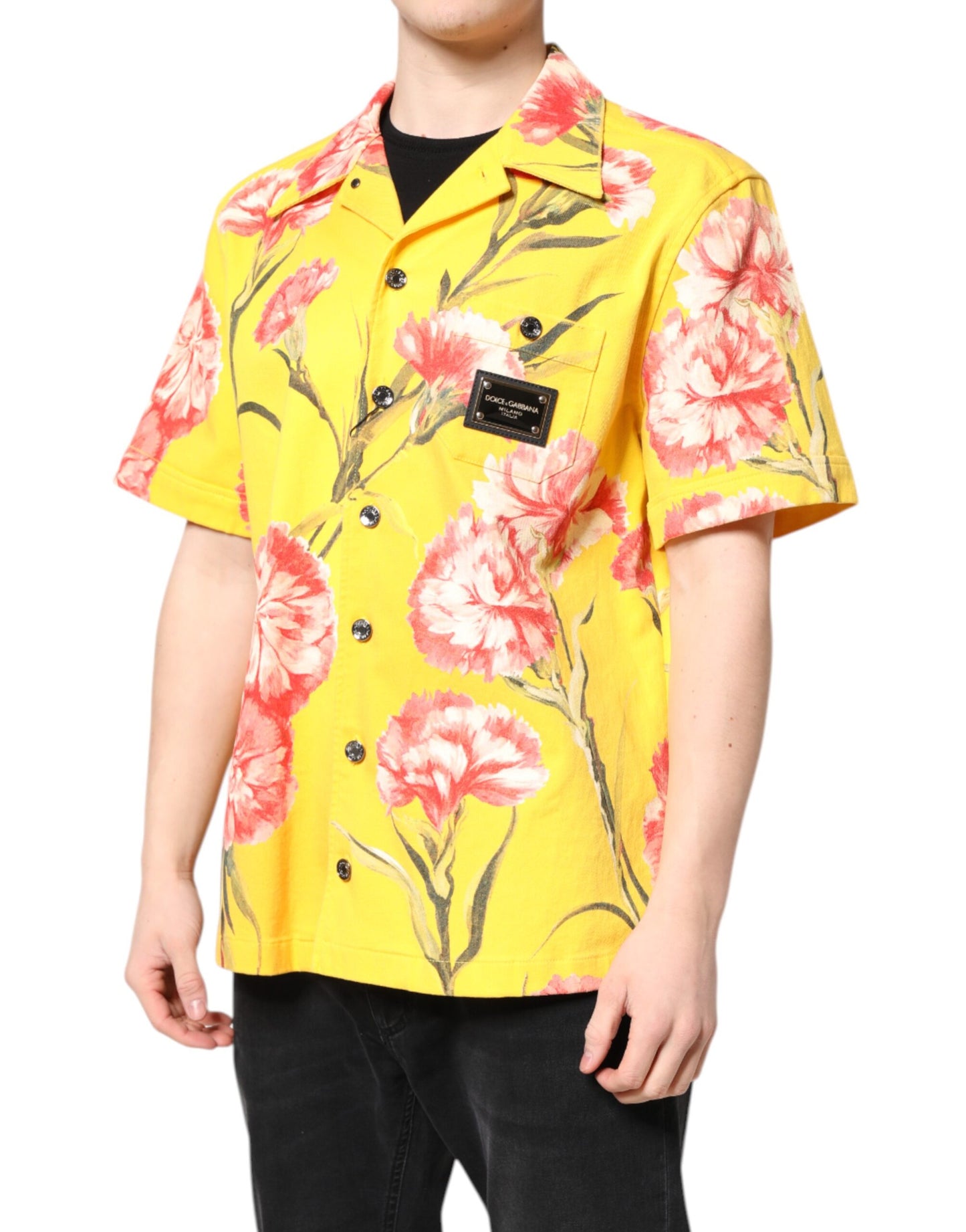 Camisa casual con botones y estampado floral amarillo para hombre