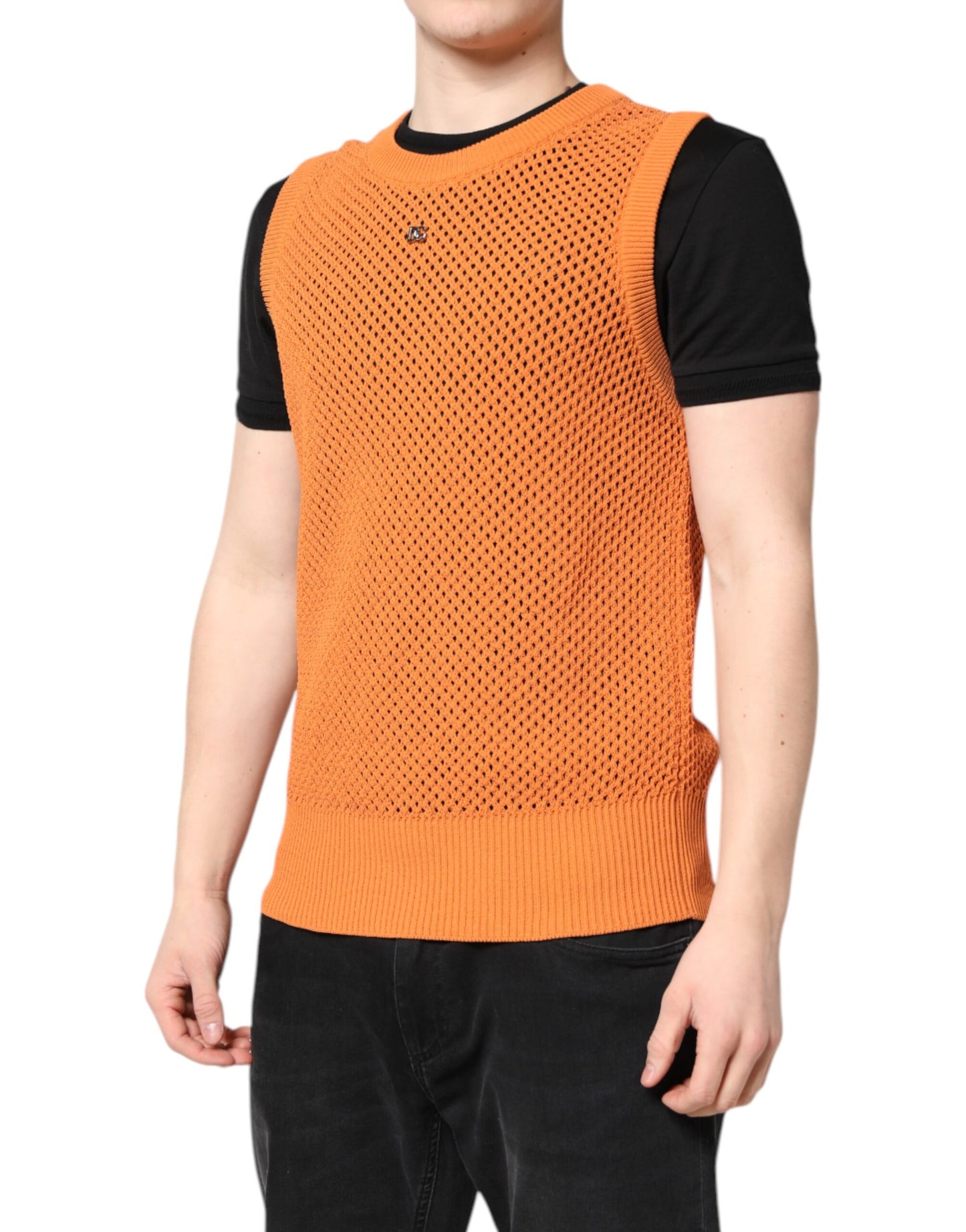 T-shirt col rond sans manches en cachemire orange
