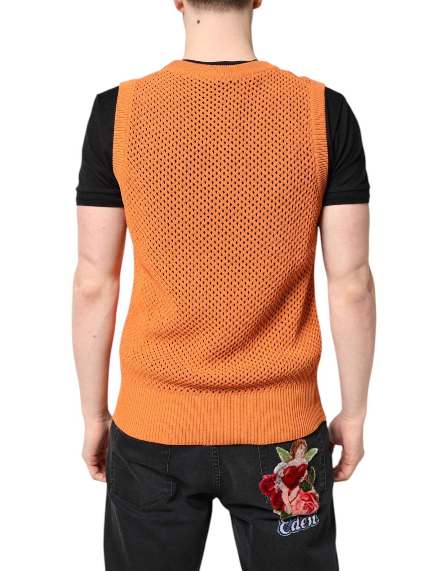 T-shirt col rond sans manches en cachemire orange
