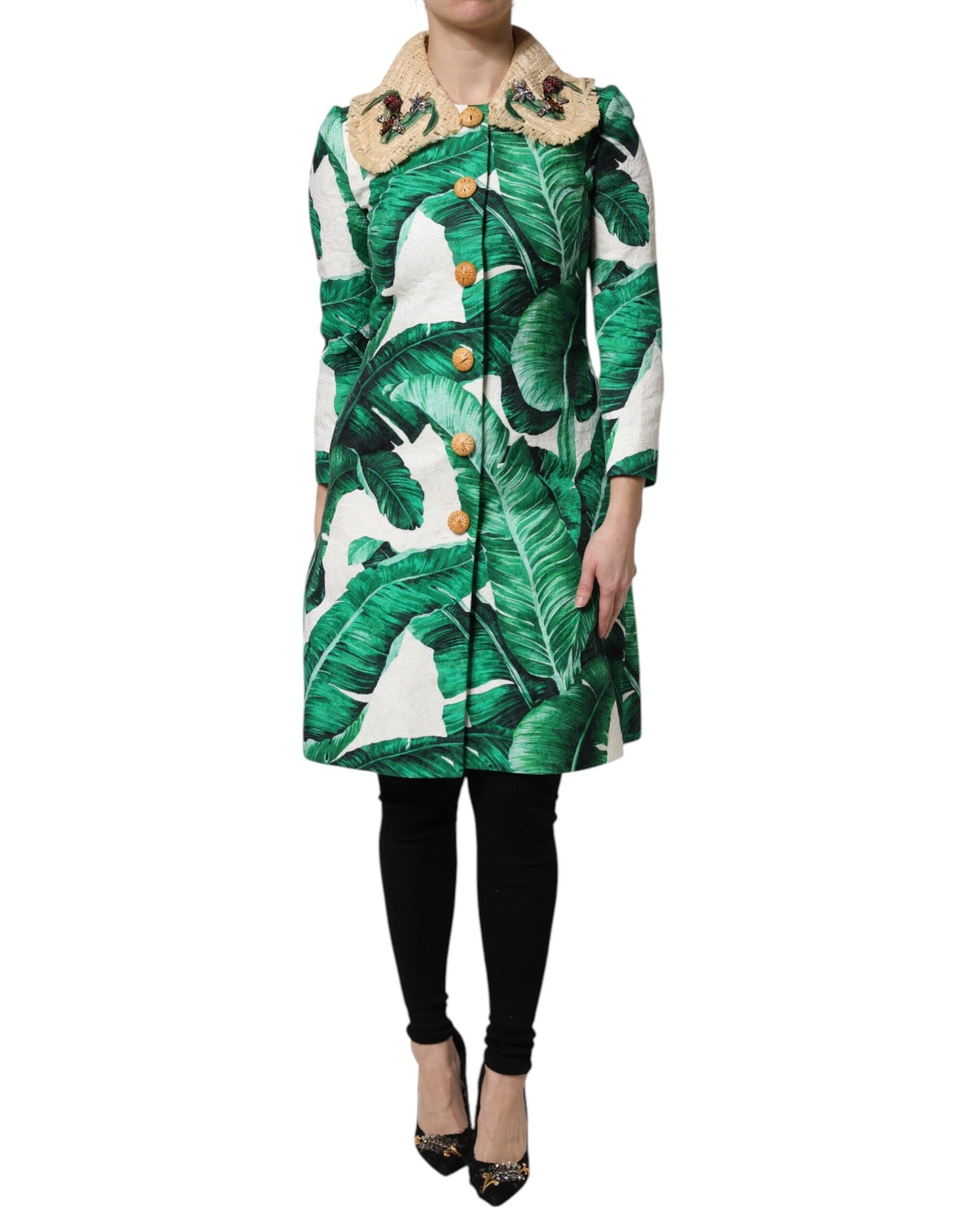 Trench-coat multicolore à imprimé feuilles