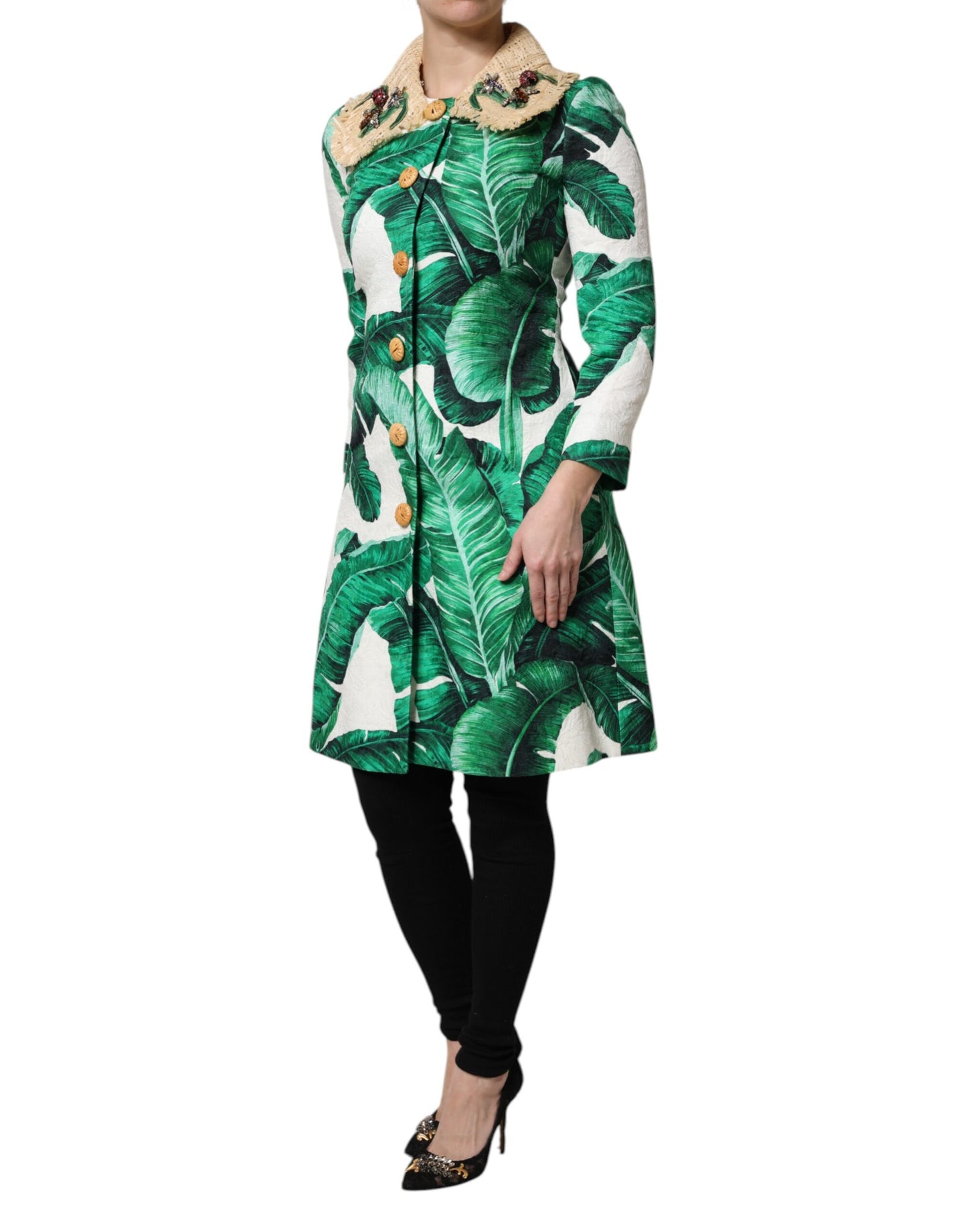 Trench-coat multicolore à imprimé feuilles