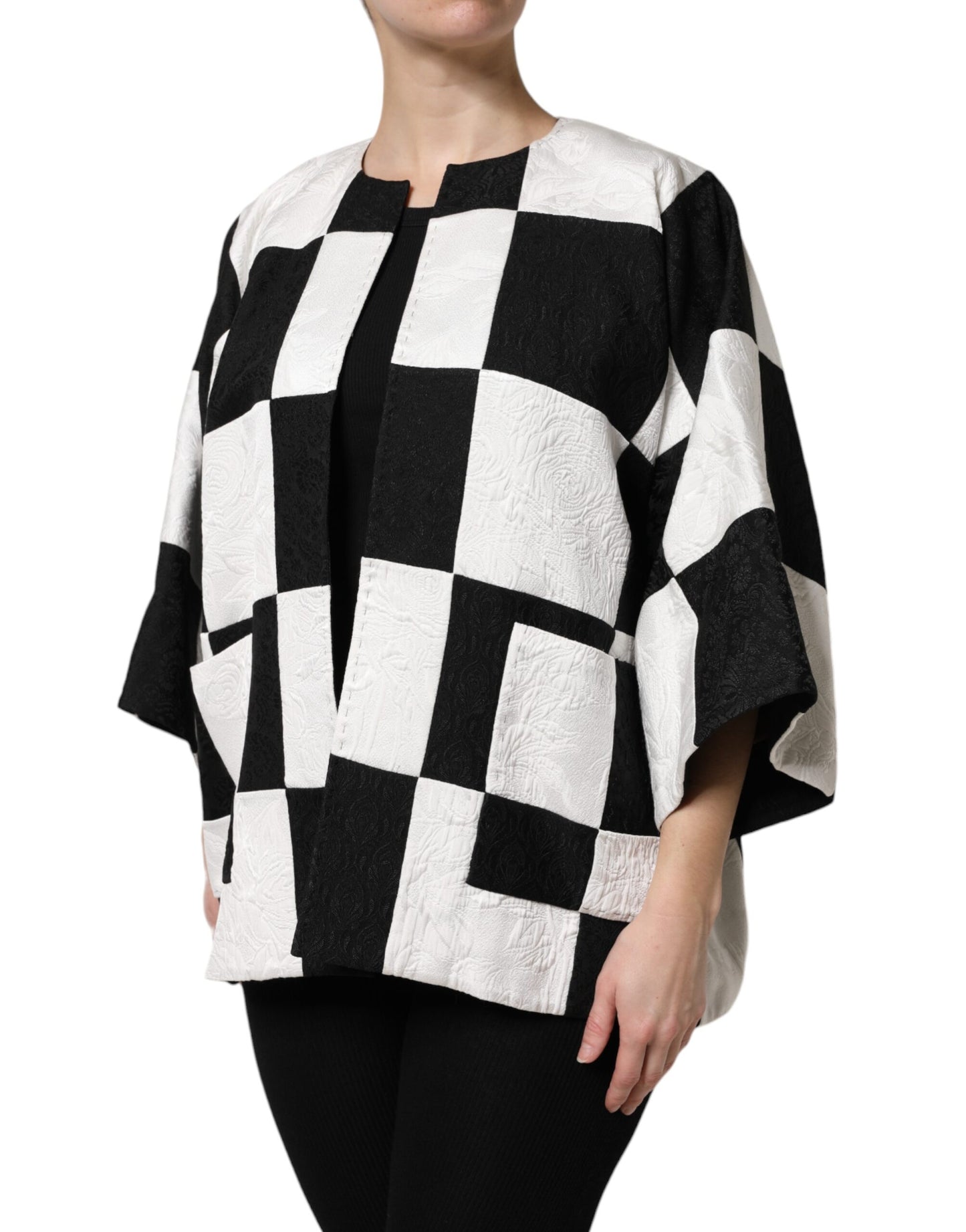 Chaqueta blazer de jacquard con patchwork en blanco y negro