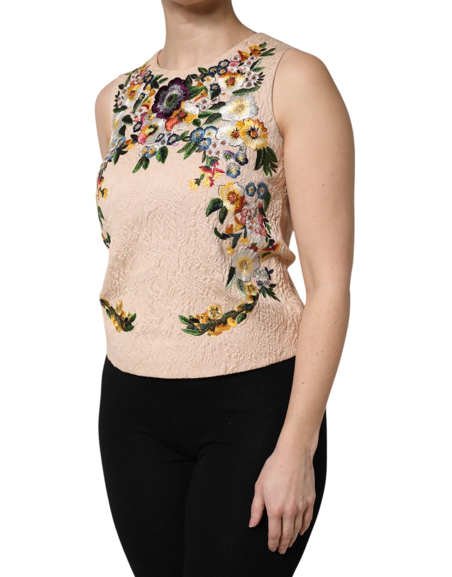 Camiseta sin mangas con bordado floral beige
