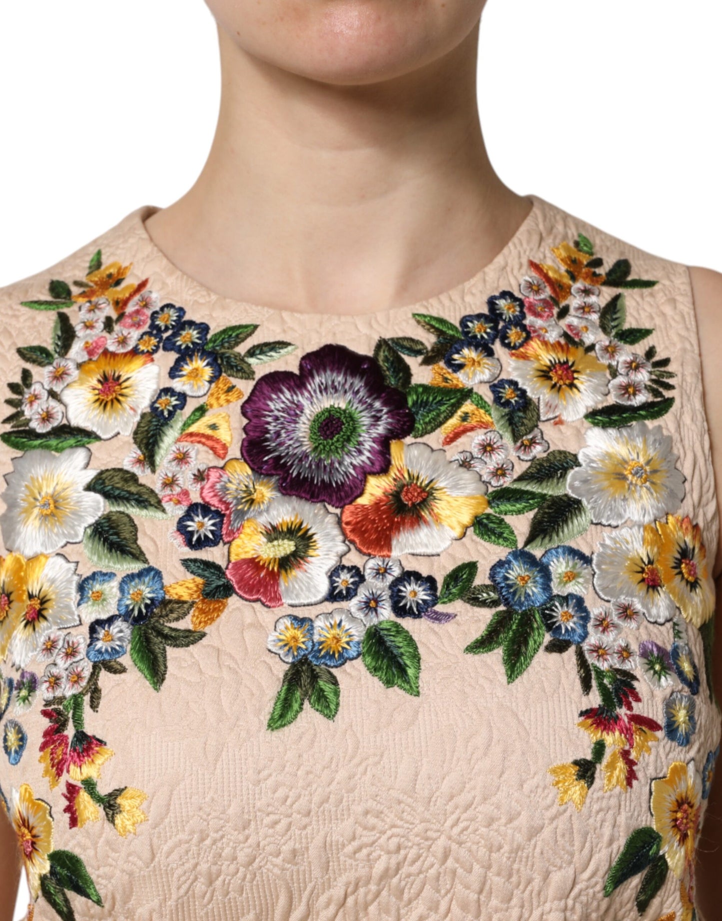 Camiseta sin mangas con bordado floral beige