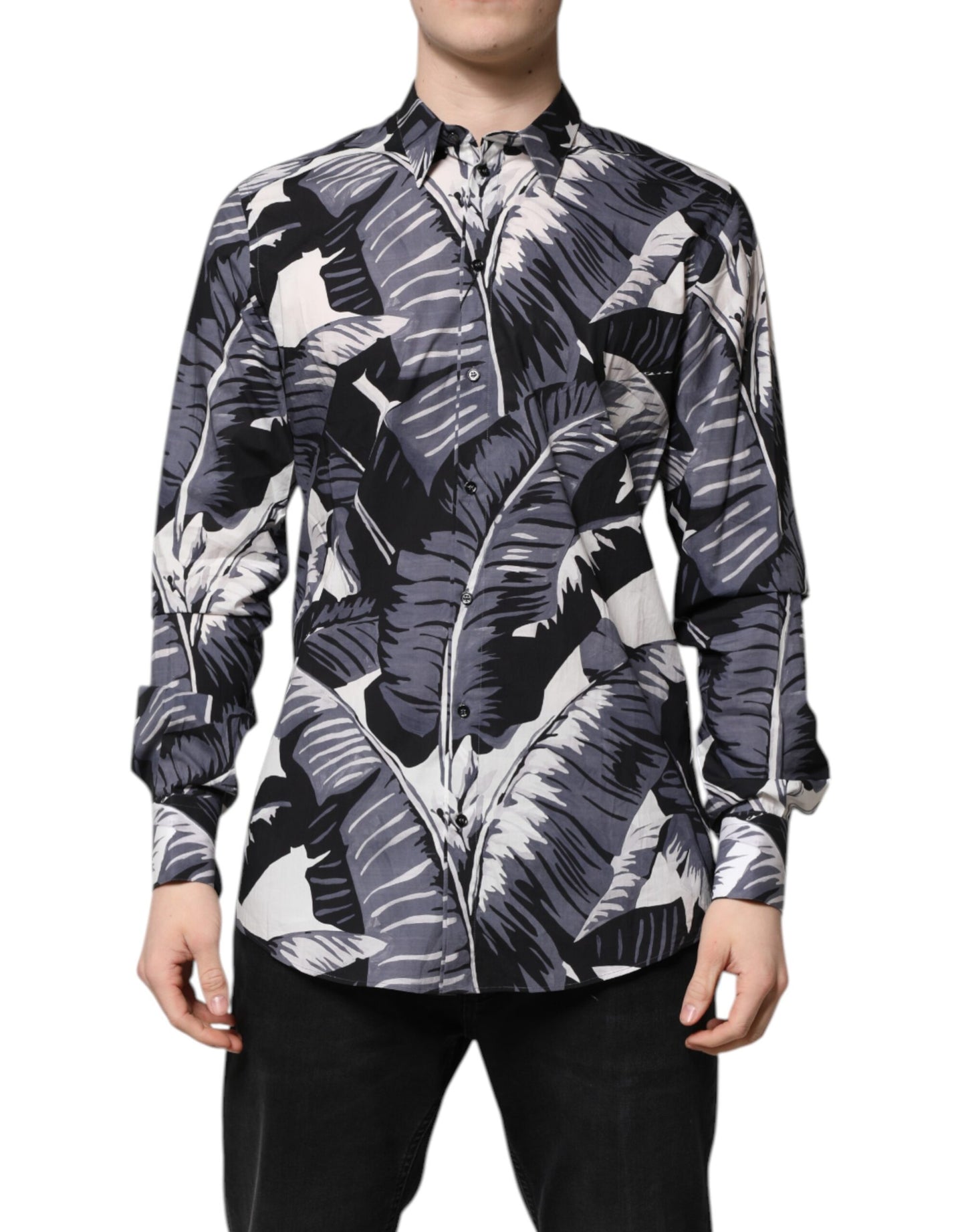 Camisa de algodón multicolor con estampado de hojas de plátano doradas