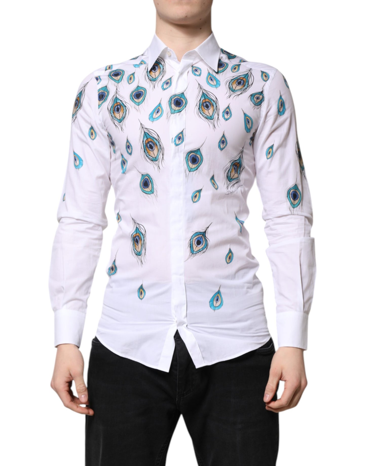 Camisa de vestir de algodón blanco con estampado de plumas doradas