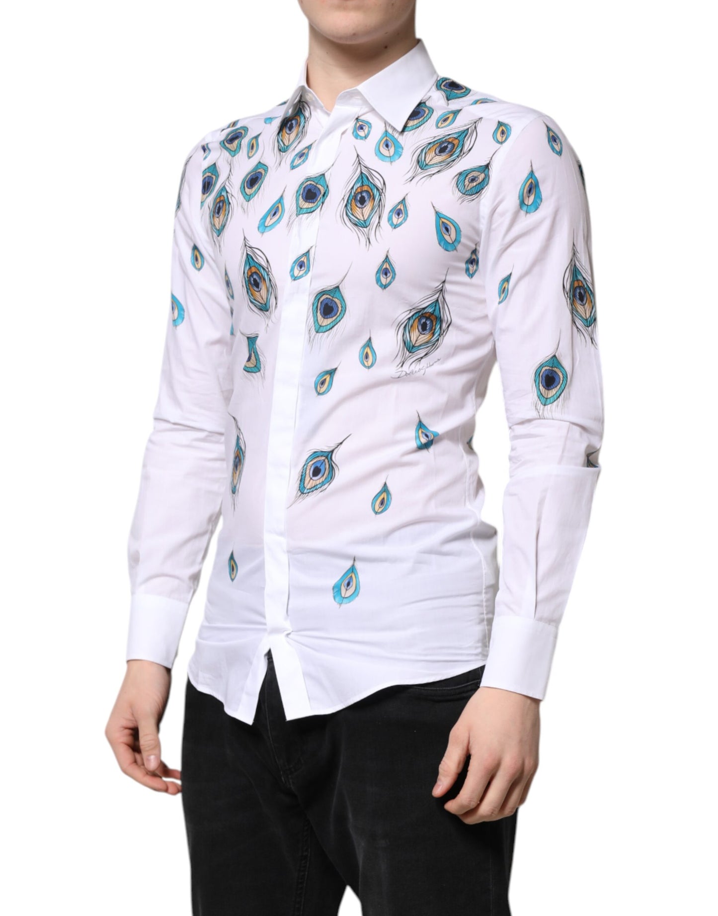 Camisa de vestir de algodón blanco con estampado de plumas doradas