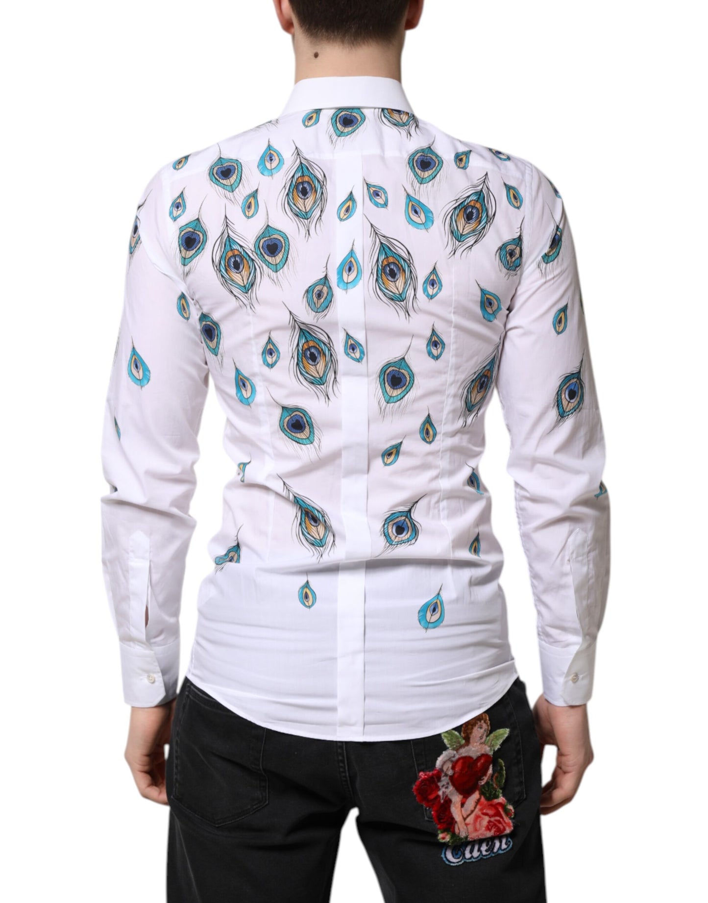 Camisa de vestir de algodón blanco con estampado de plumas doradas