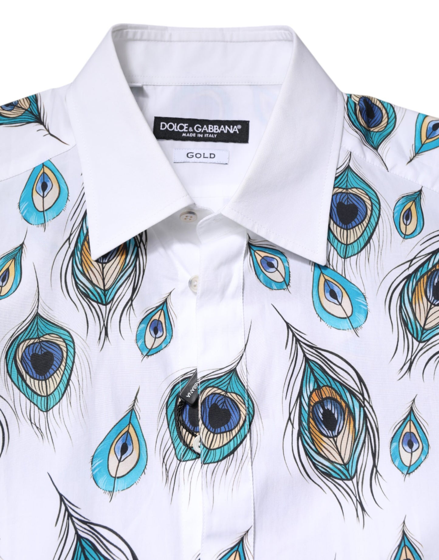Camisa de vestir de algodón blanco con estampado de plumas doradas