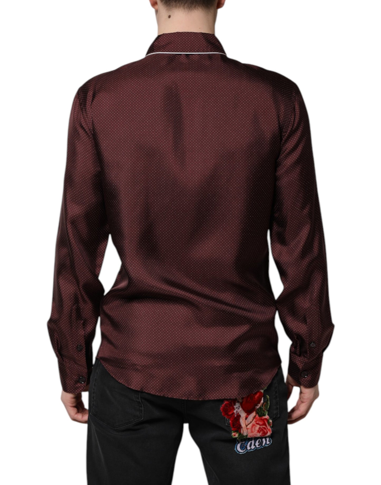 Camisa de manga larga de seda burdeos con lunares