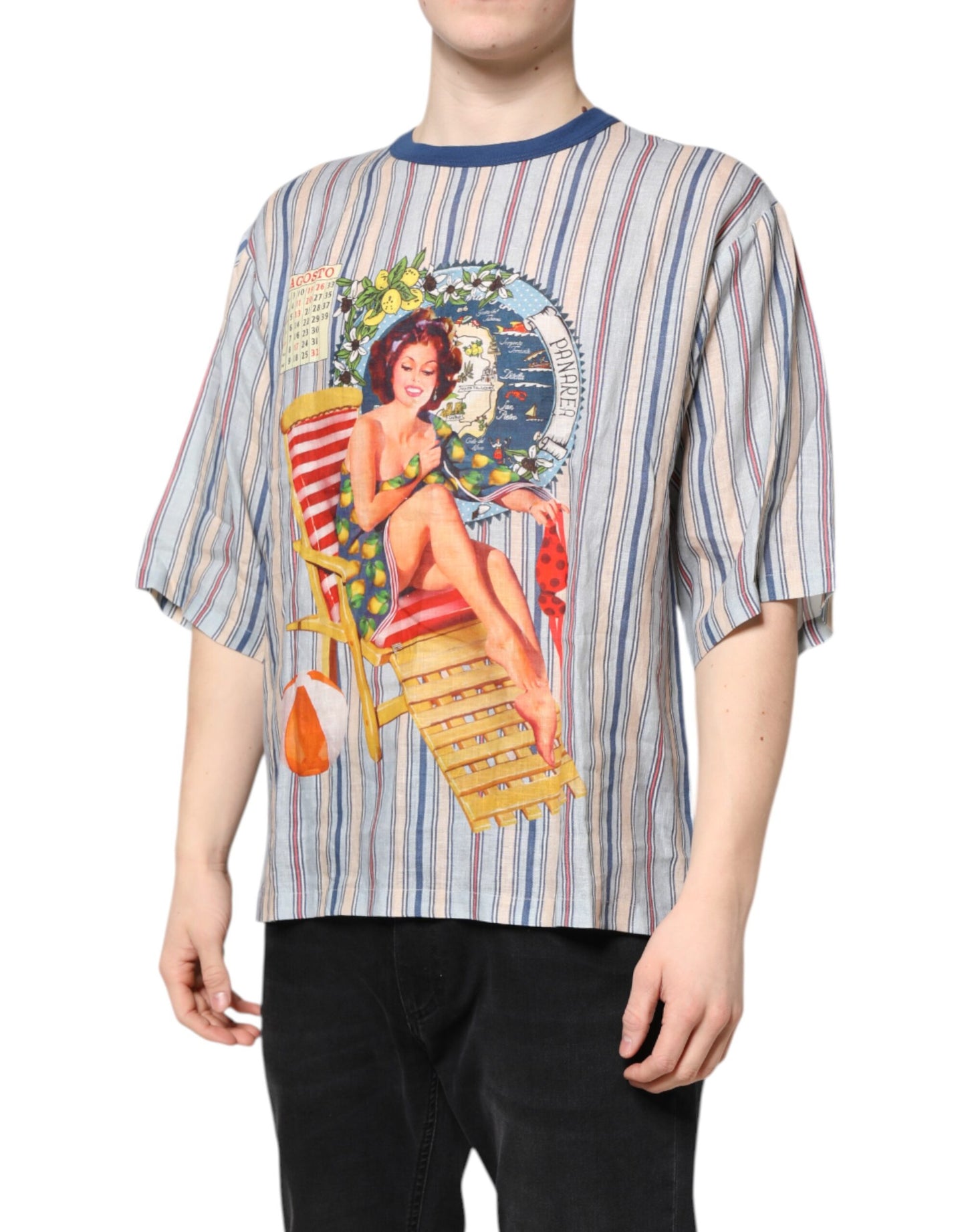 T-shirt col rond en lin à rayures multicolores Pin Up