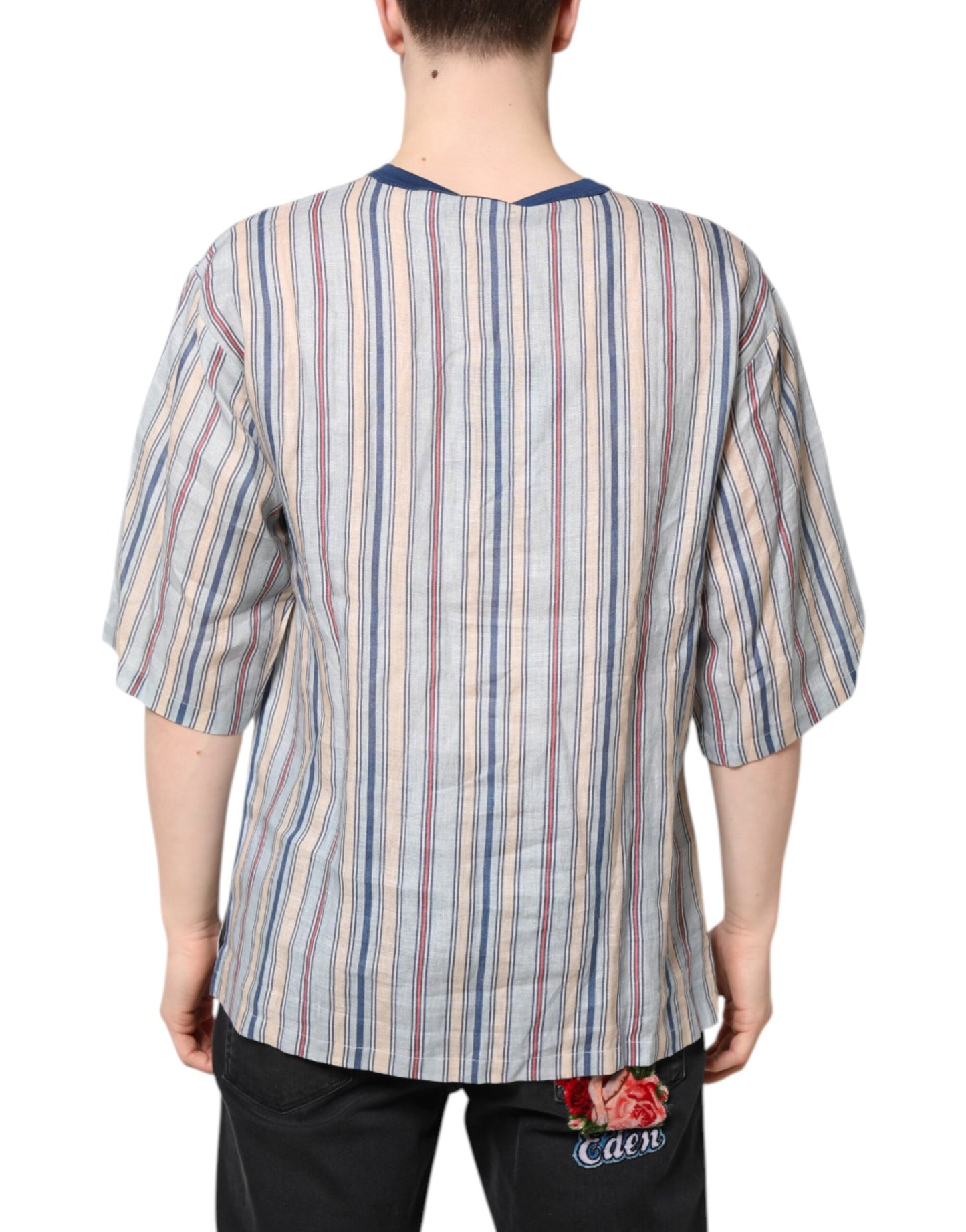 T-shirt col rond en lin à rayures multicolores Pin Up