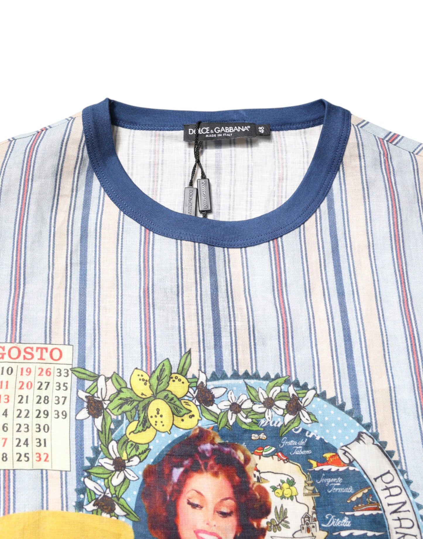 T-shirt col rond en lin à rayures multicolores Pin Up