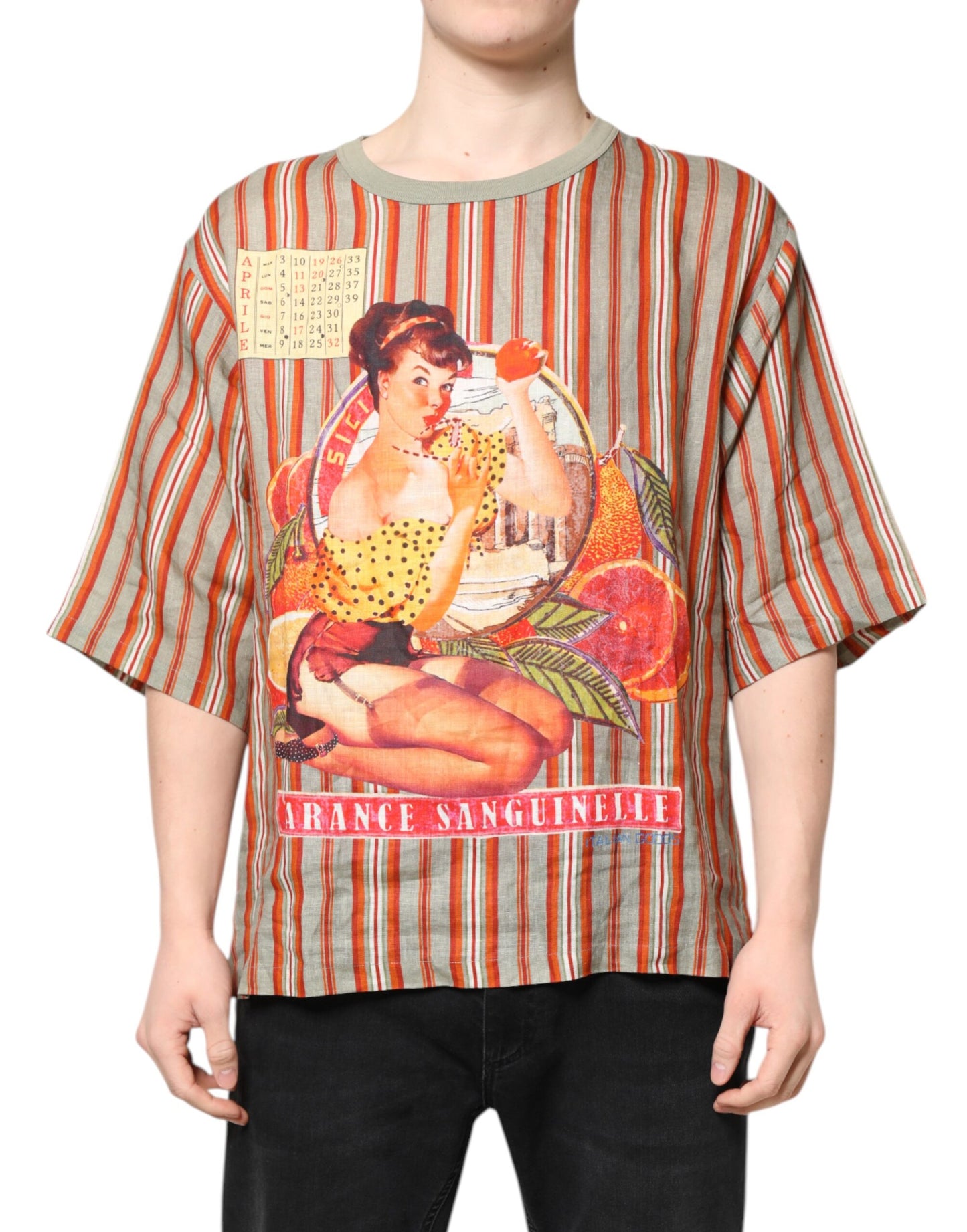 T-shirt col rond en lin à rayures multicolores