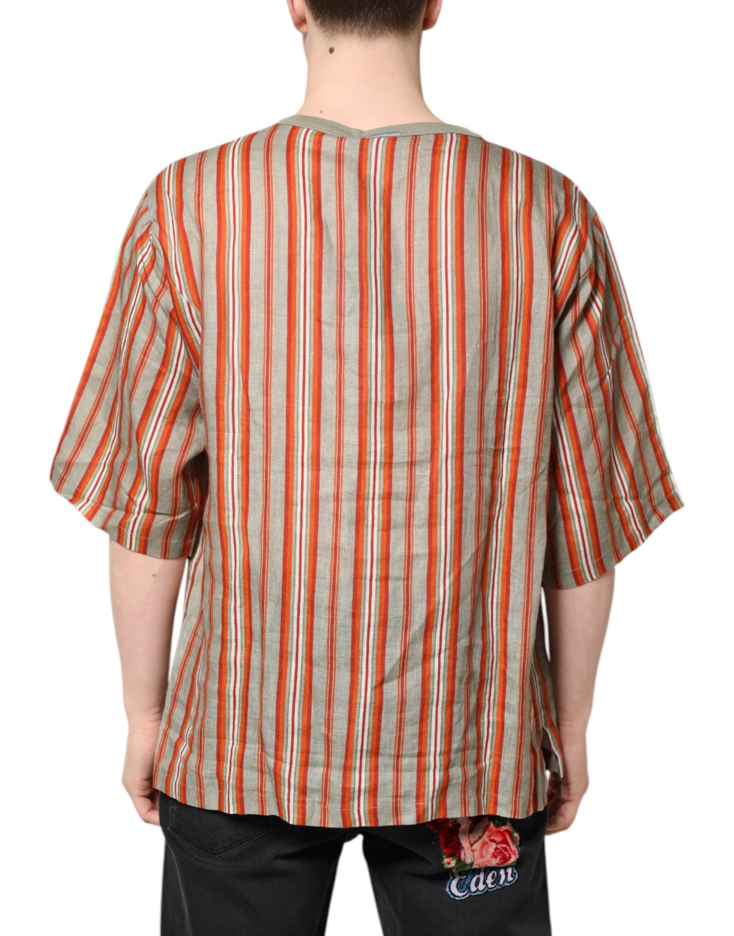 T-shirt col rond en lin à rayures multicolores
