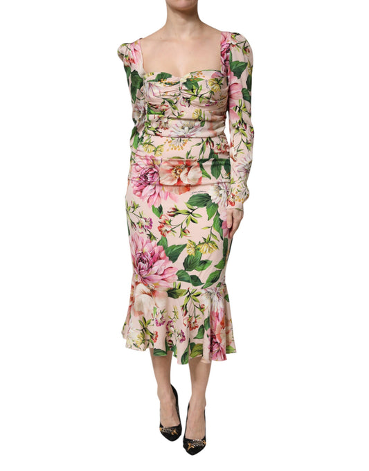 Pink Floral Silk Fit And Flared Midi Dress