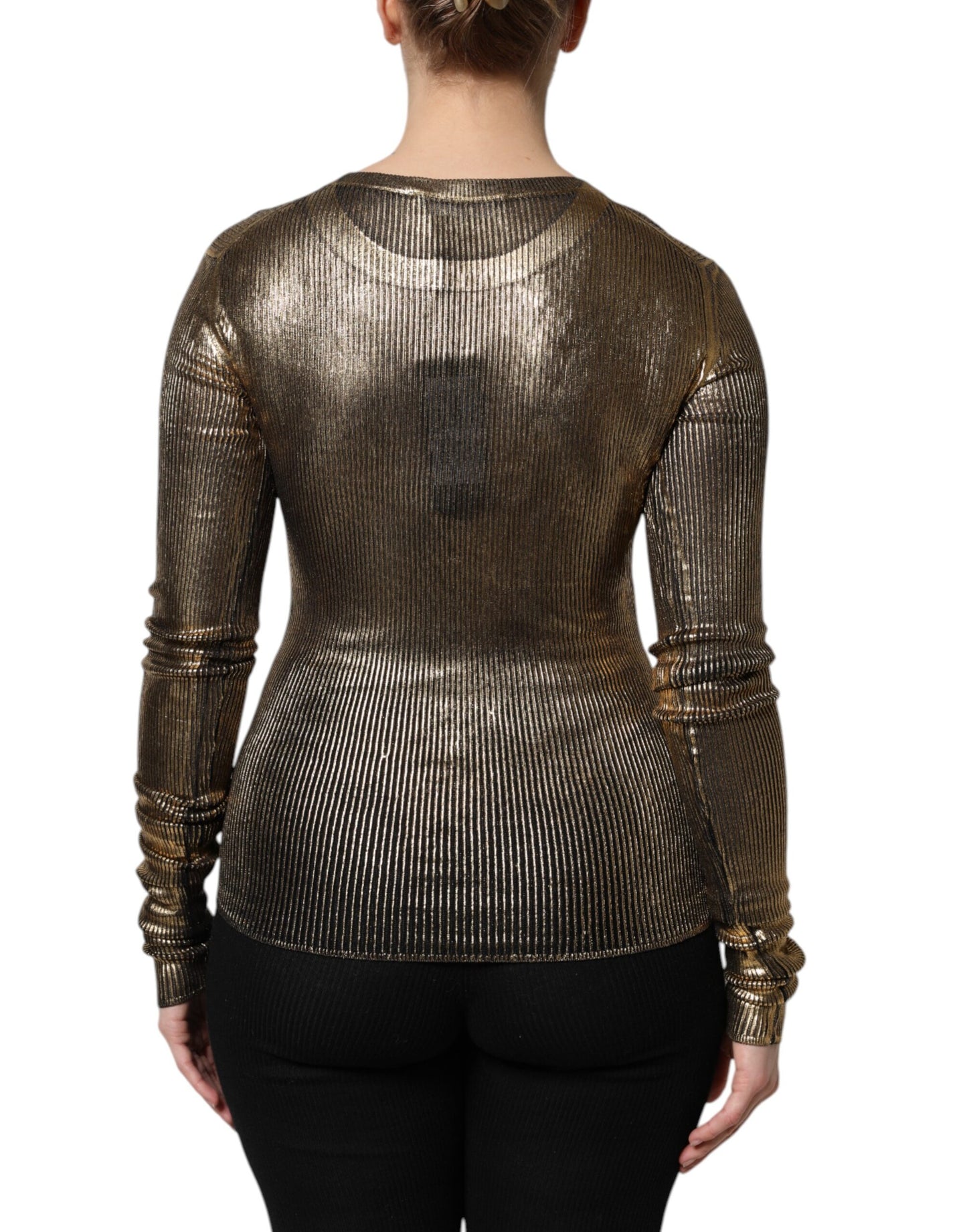 Top tipo jersey de manga larga con cuello redondo dorado