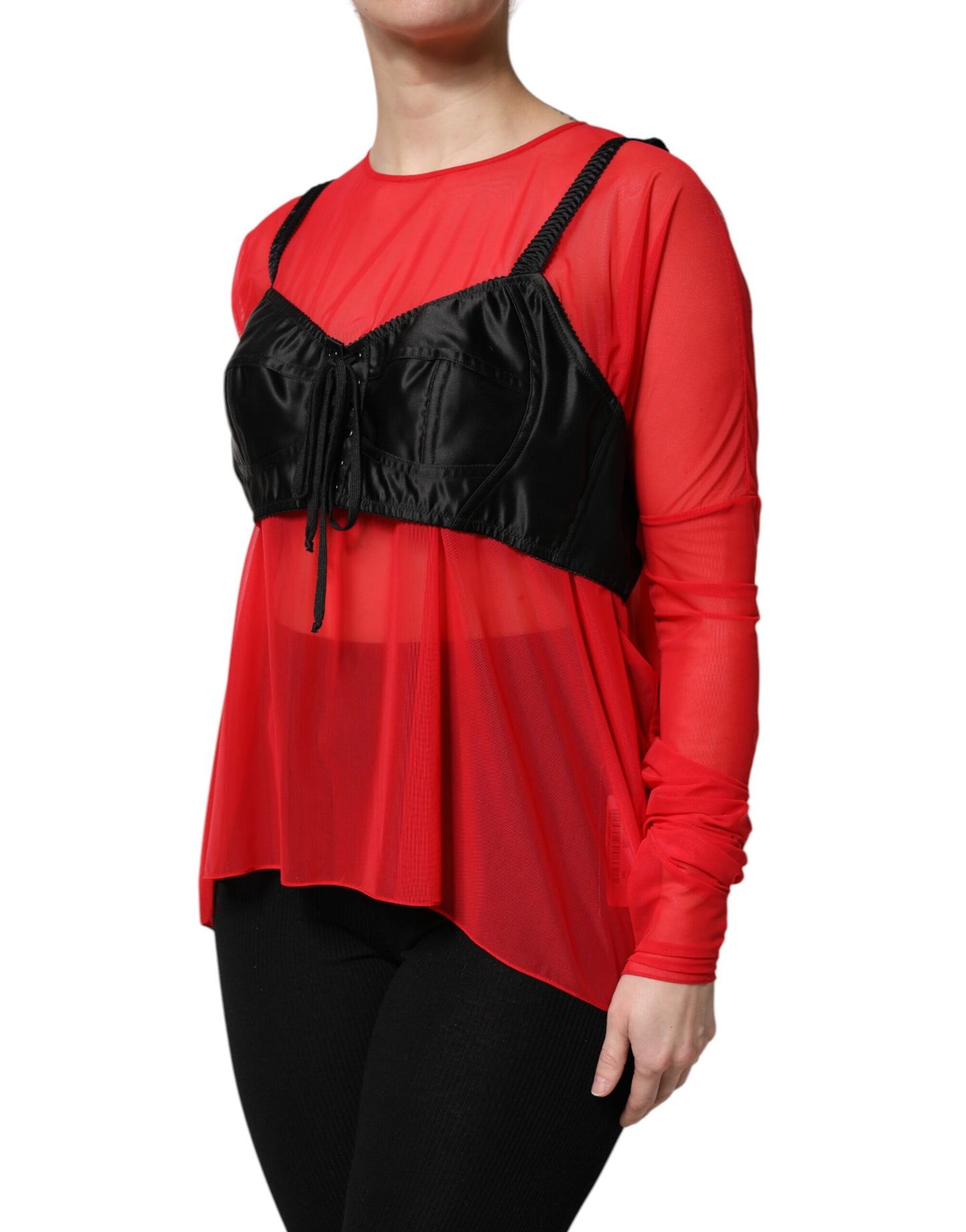 Top de manga larga con detalle de bustier rojo y negro