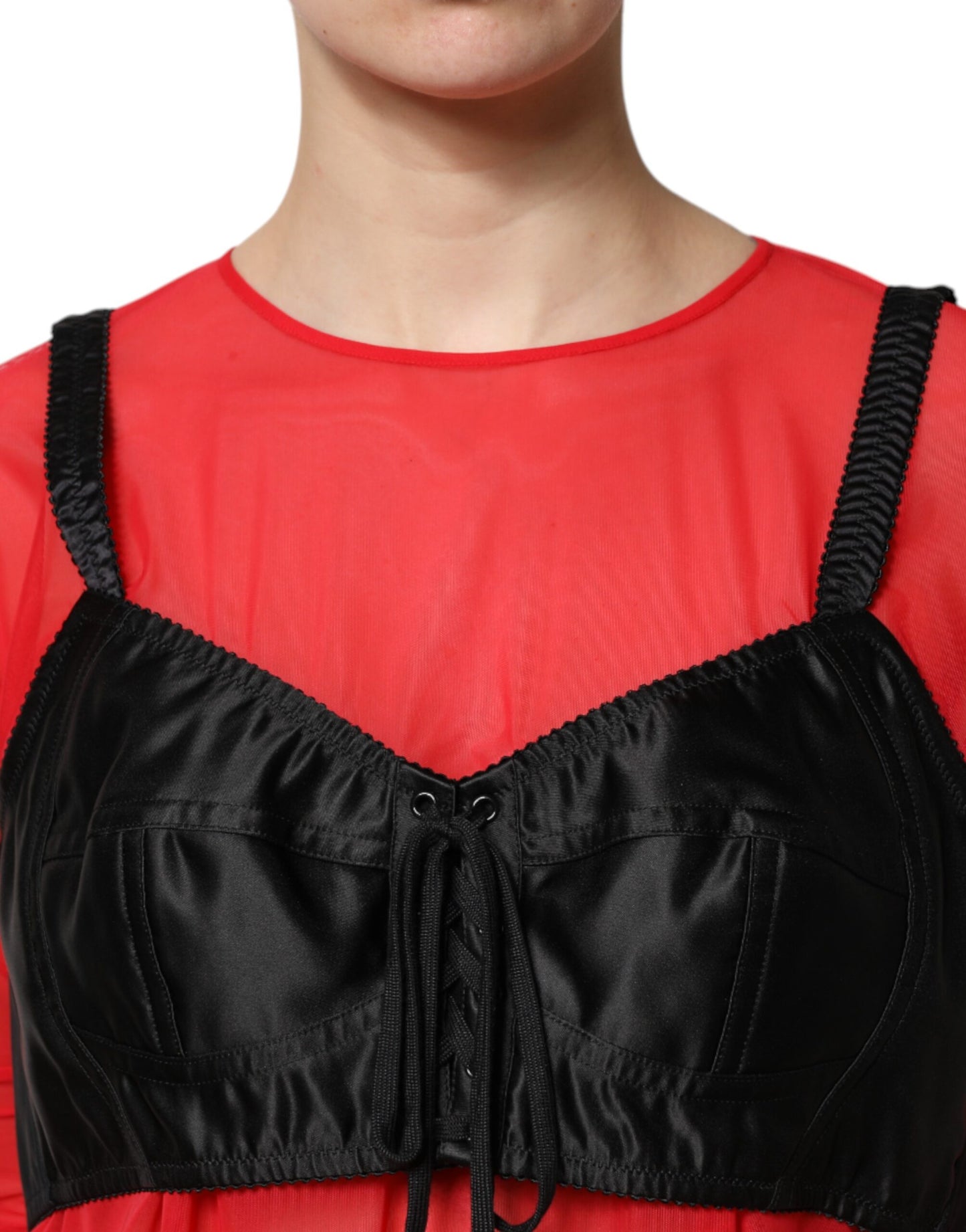Top de manga larga con detalle de bustier rojo y negro