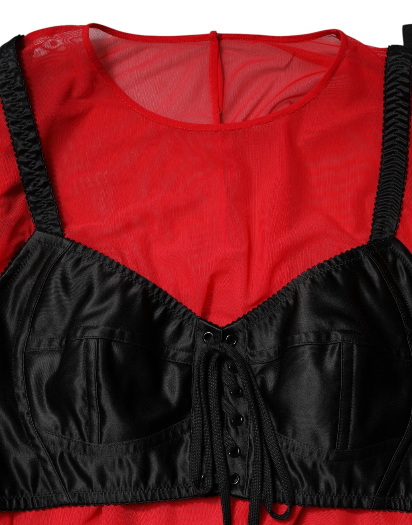 Top de manga larga con detalle de bustier rojo y negro